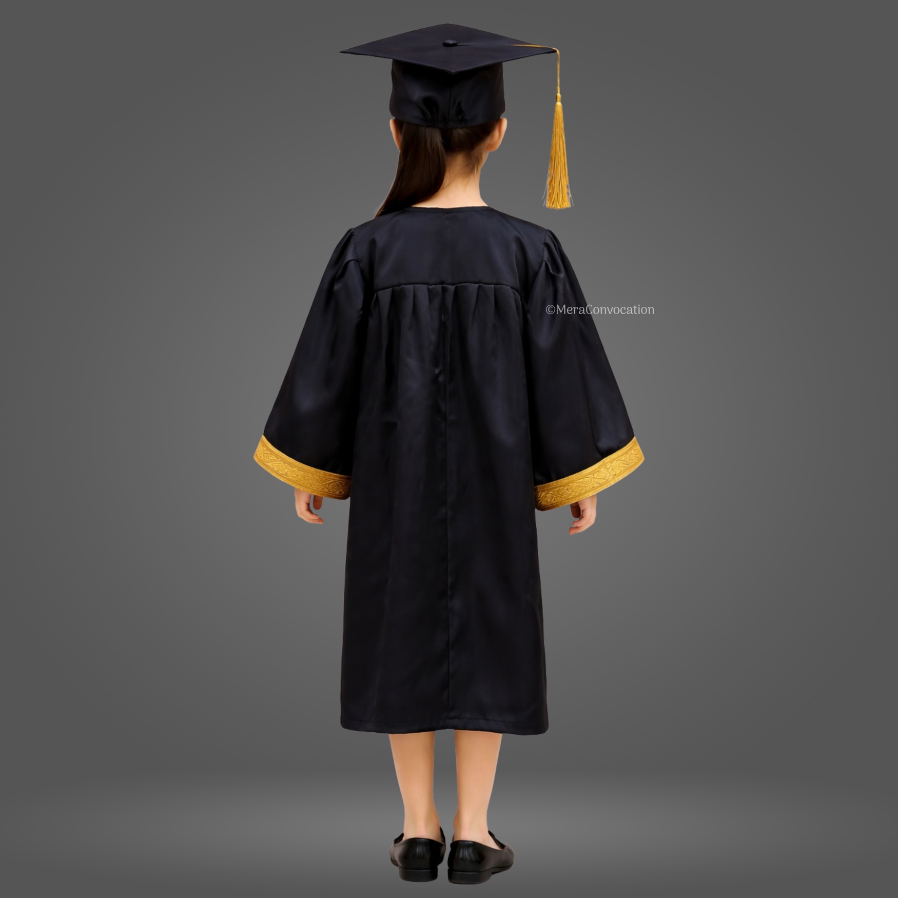 Back View of Black Shiny Kids Convocation Gown with Golden Border ''Back View of Black Shiny Kids Convocation Gown with Golden Border''>