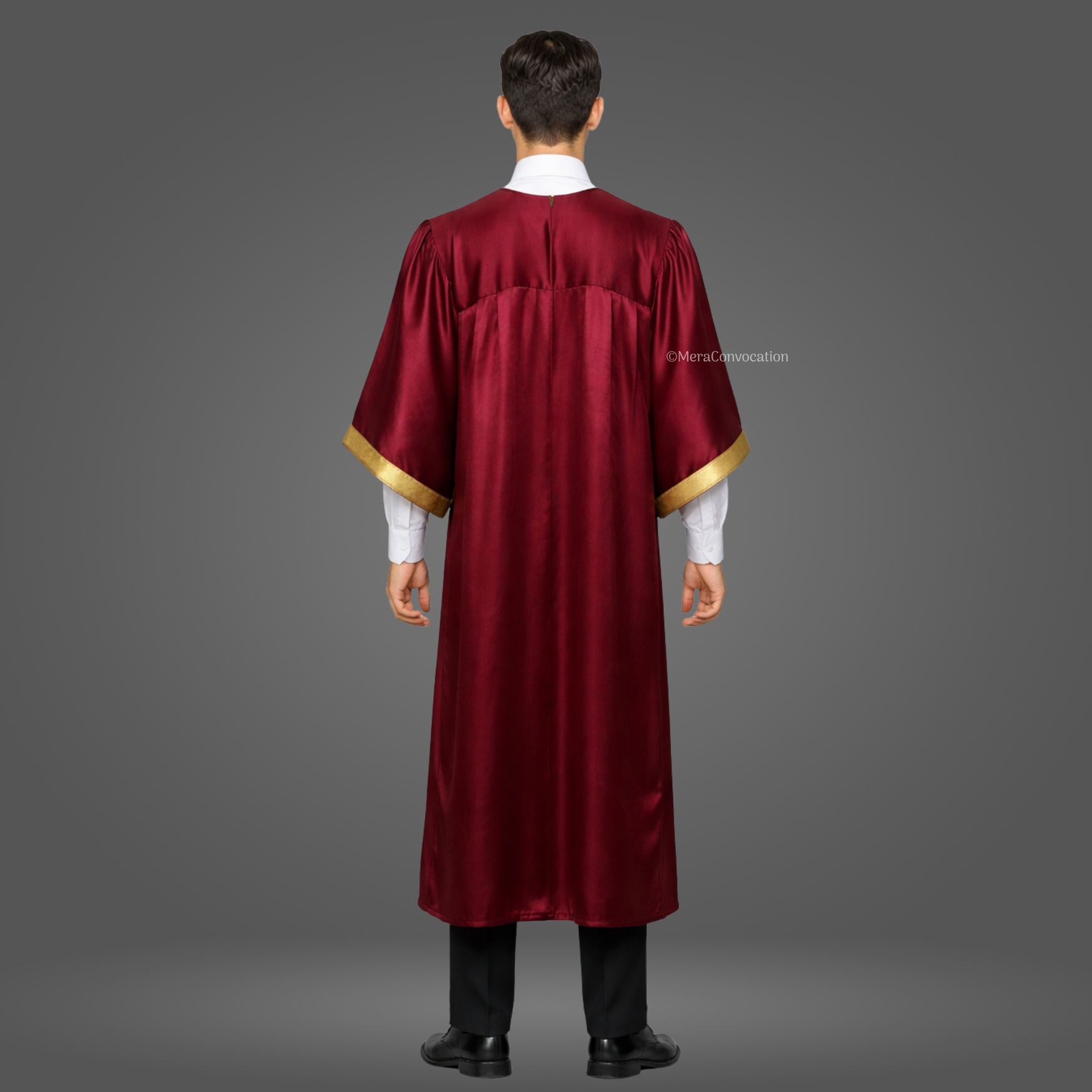 Back View of Maroon Shiny Graduation Gown with Golden Border