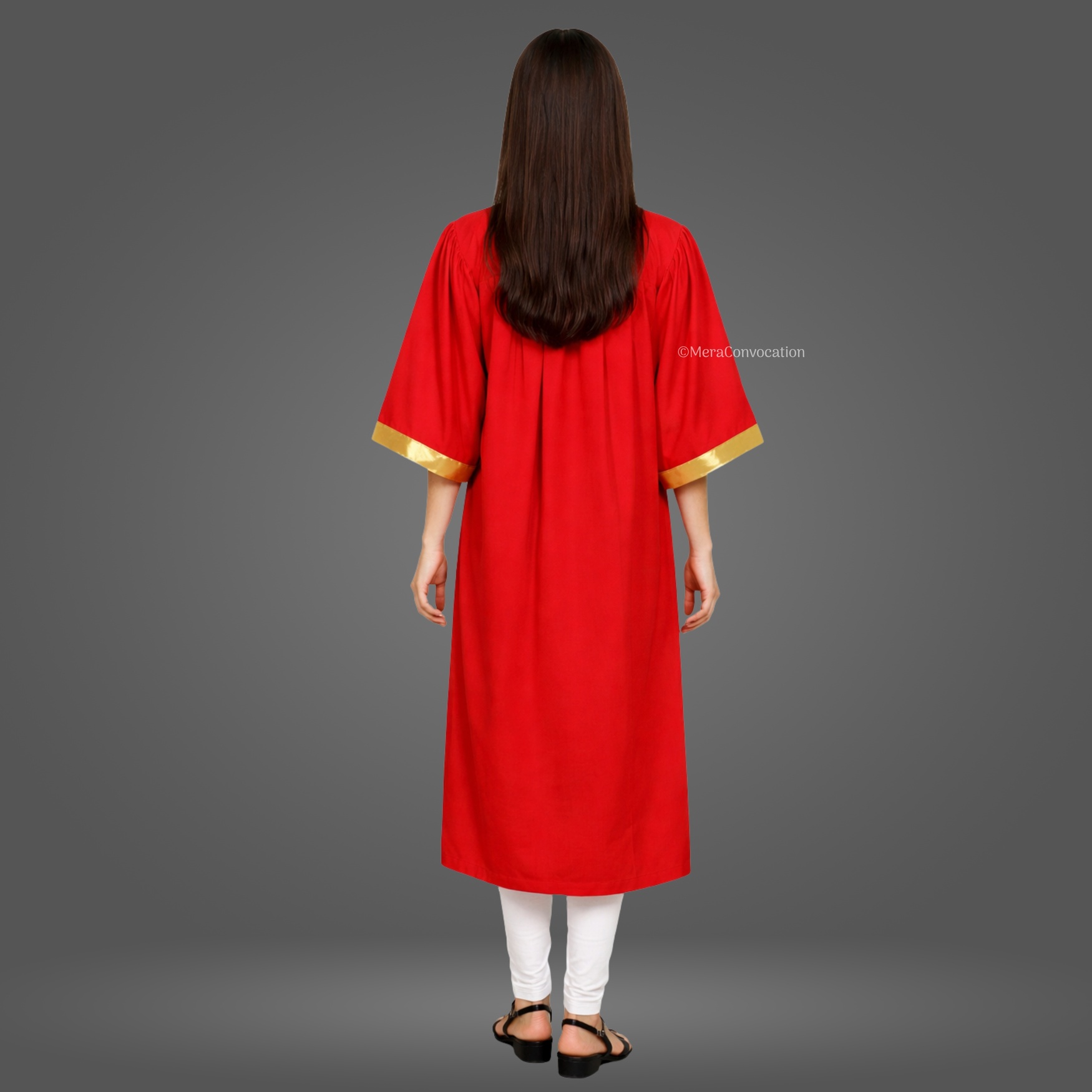 Back View of Red Polyester Graduation Gown with Golden Border ''Back View of Red Polyester Graduation Gown with Golden Border''>