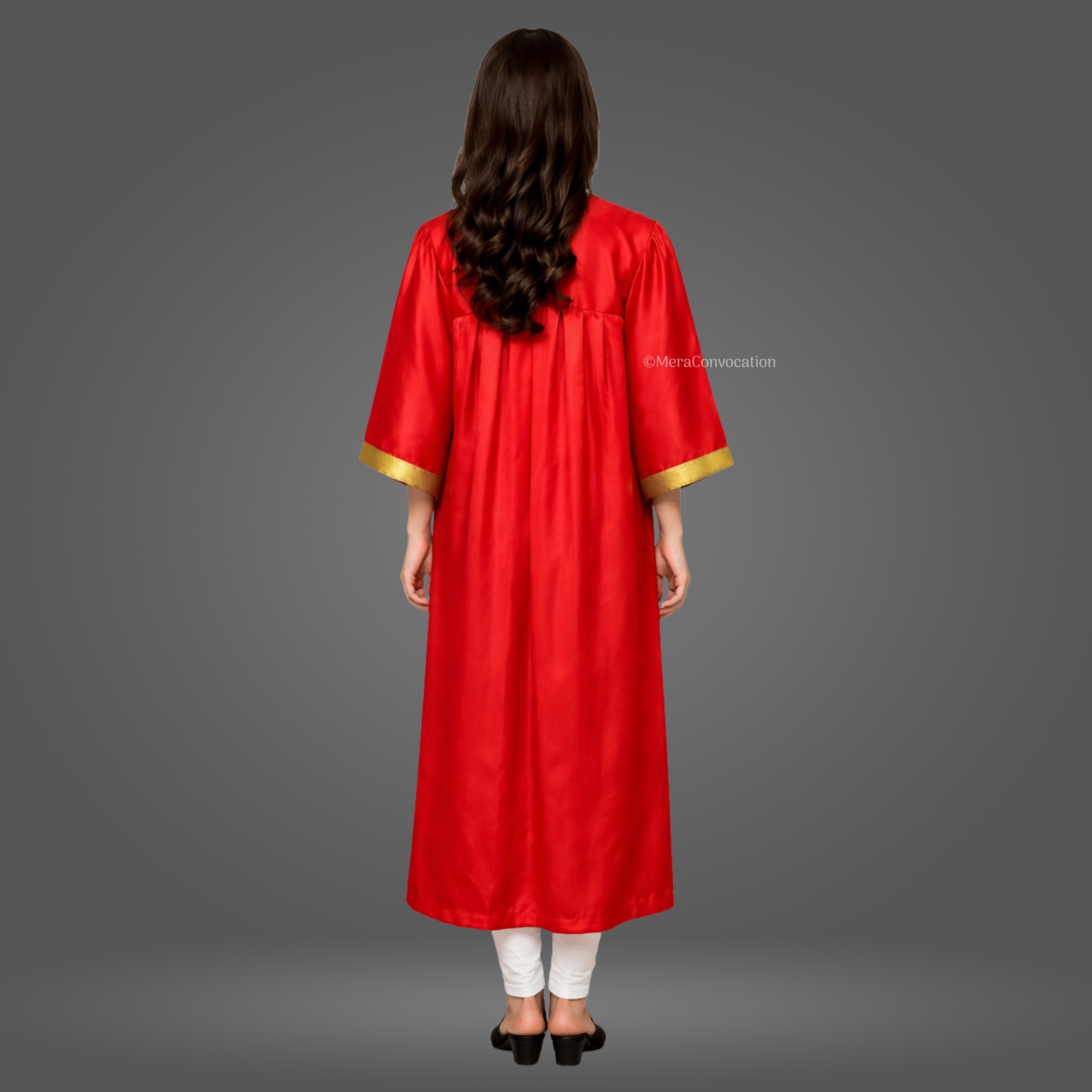 Back View of Red Satin Graduation Gown with Golden Border