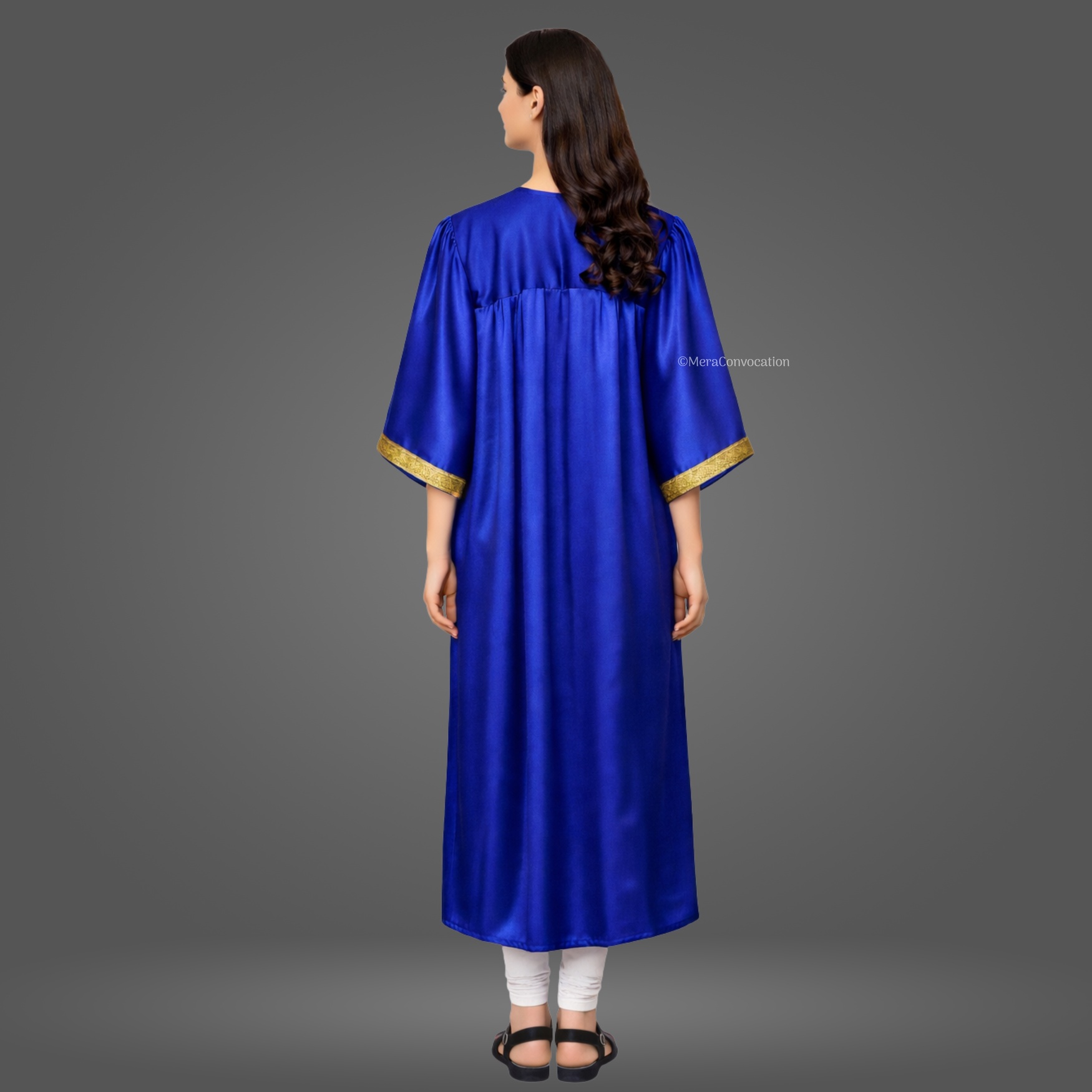 Back View of Royal Blue Satin Graduation Gown with Golden Border ''Back View of Royal Blue Satin Graduation Gown with Golden Border''>