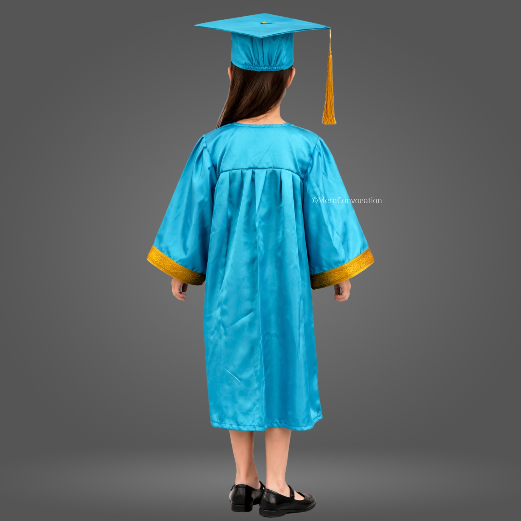 Back View of Turquoise Shiny Kids Convocation Gown with Golden Border