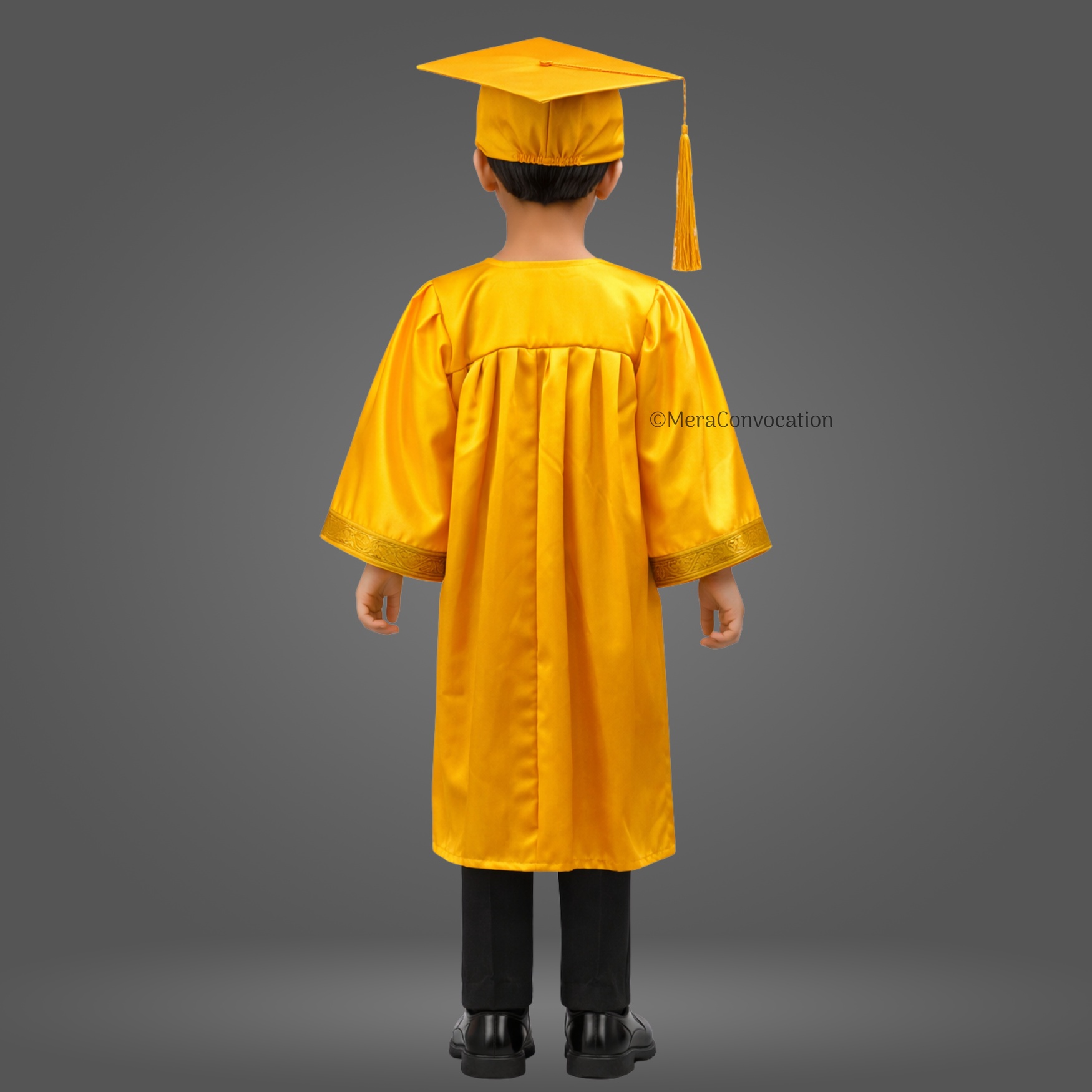 Back View of Yellow Shiny Kids Graduation Gown with Golden Border