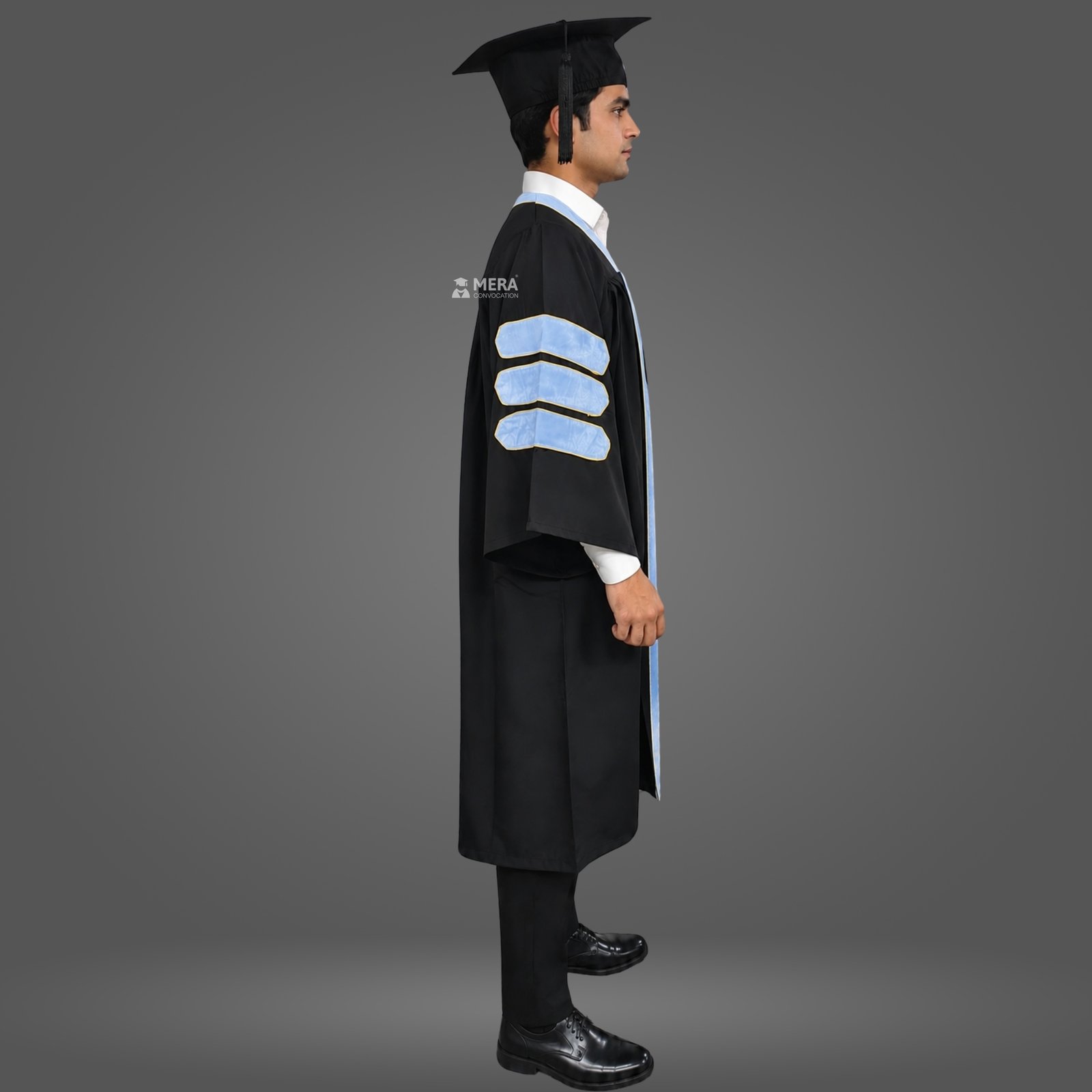 Black Doctoral Gown with Sky Blue Border