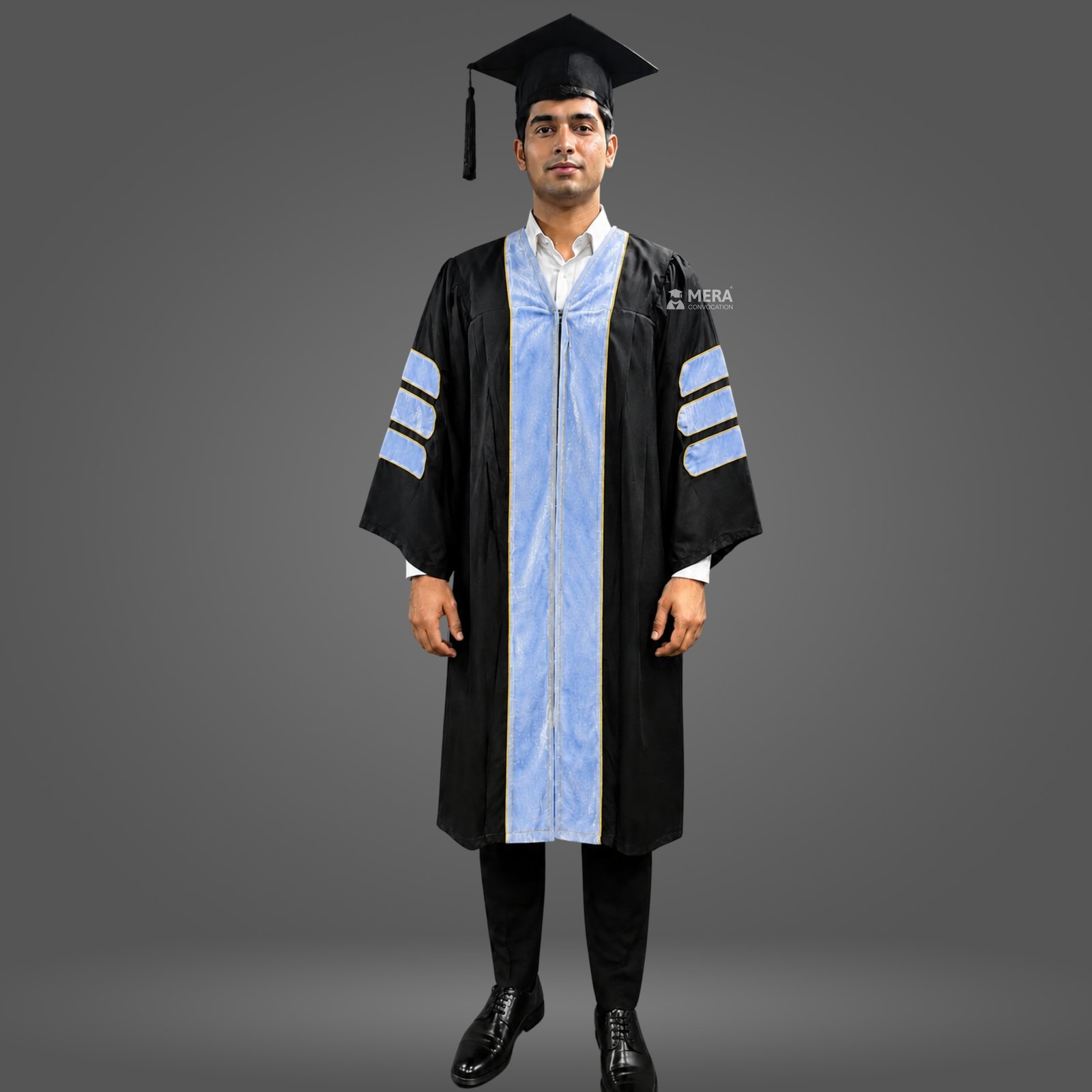 Black Doctoral Graduation Gown with Sky Blue Velvet Border