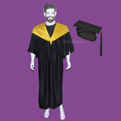 ''Black Graduation Gown and Cap with Yellow Scarf''>