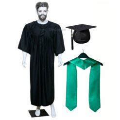 ''Black Matte Graduation Gown with Emerald Green Stole''>