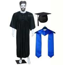 ''Black Matte Graduation Gown with Royal Blue Sash''>