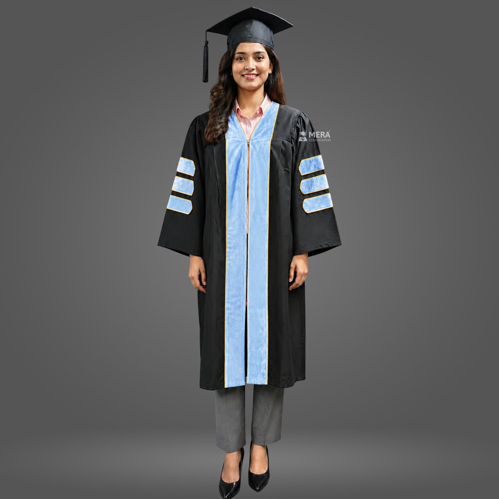 Black PhD Graduation Gown with Sky Blue Velvet Border Black PhD Graduation Gown with Sky Blue Velvet Border
