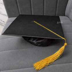 ''Black Shiny Graduation Cap with Golden Tassel''>