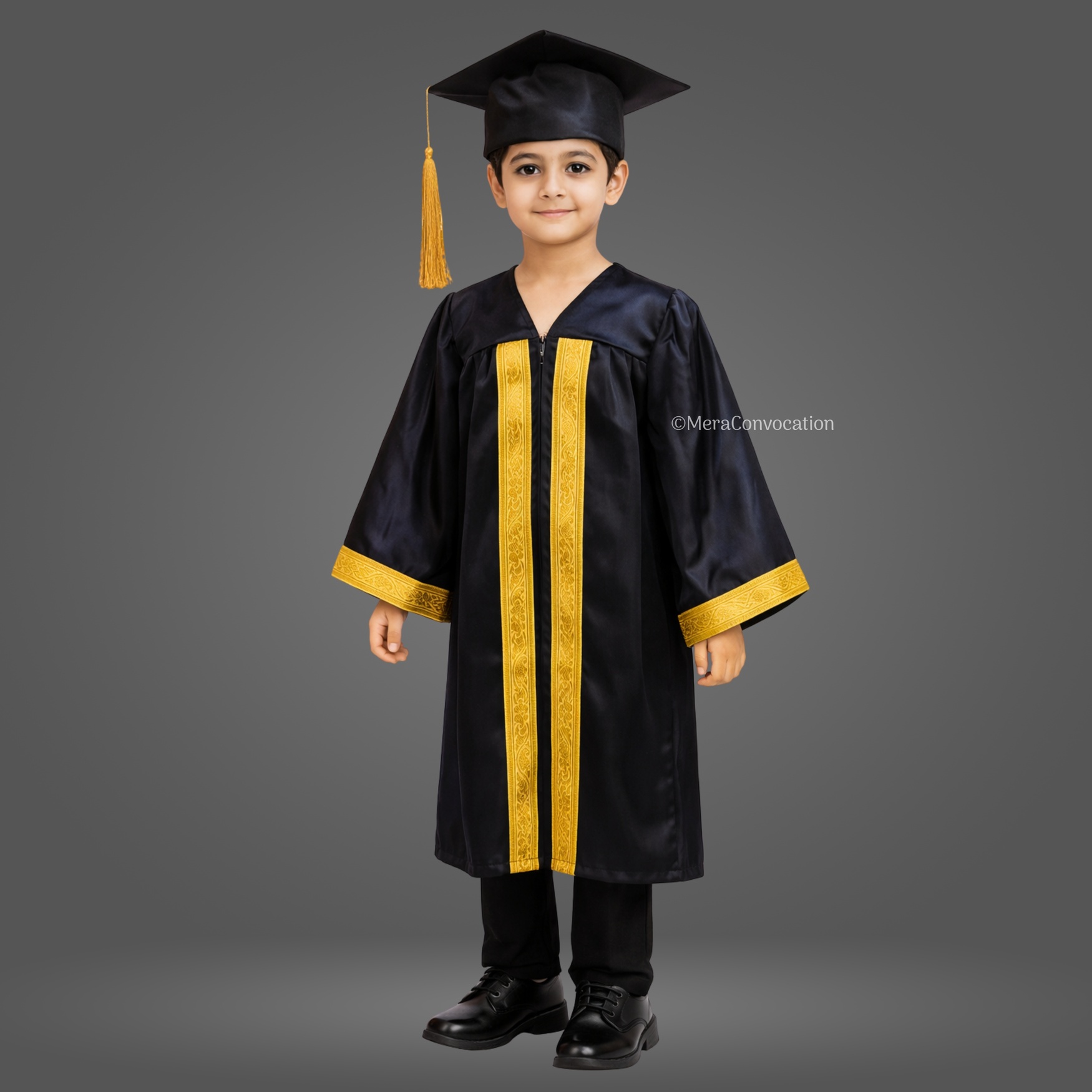 Boy - Black Shiny Kids Graduation Gown with Golden Border and Cap ''Boy - Black Shiny Kids Graduation Gown with Golden Border and Cap''>