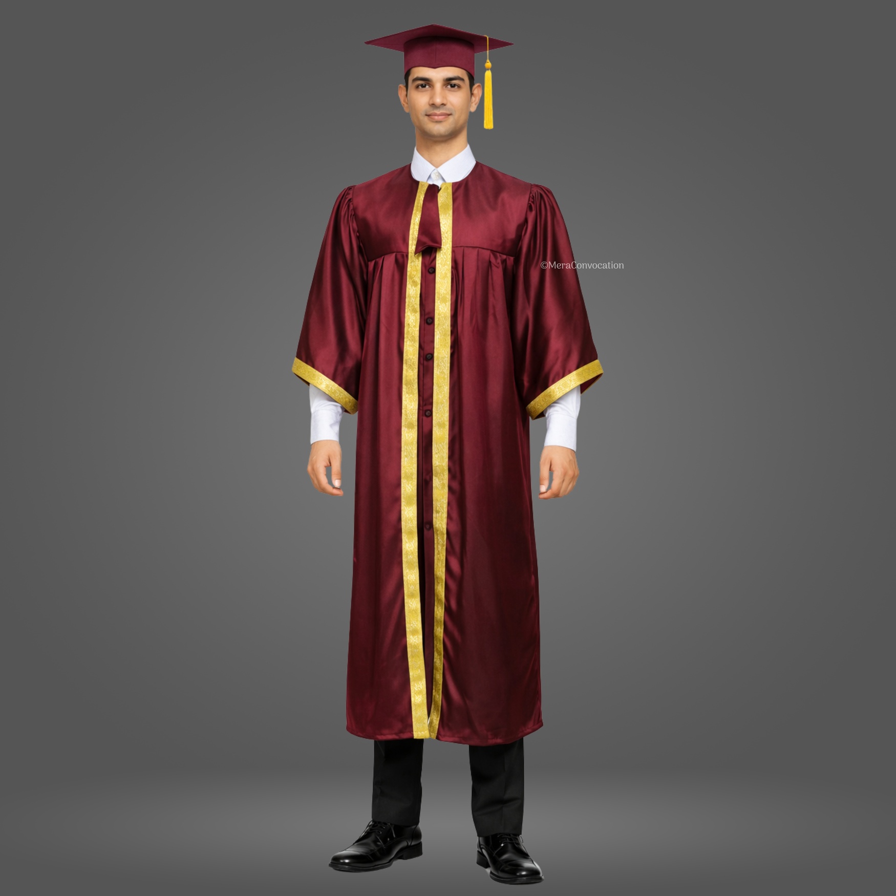 Boy - Maroon Satin Graduation Gown and Cap with Golden Border