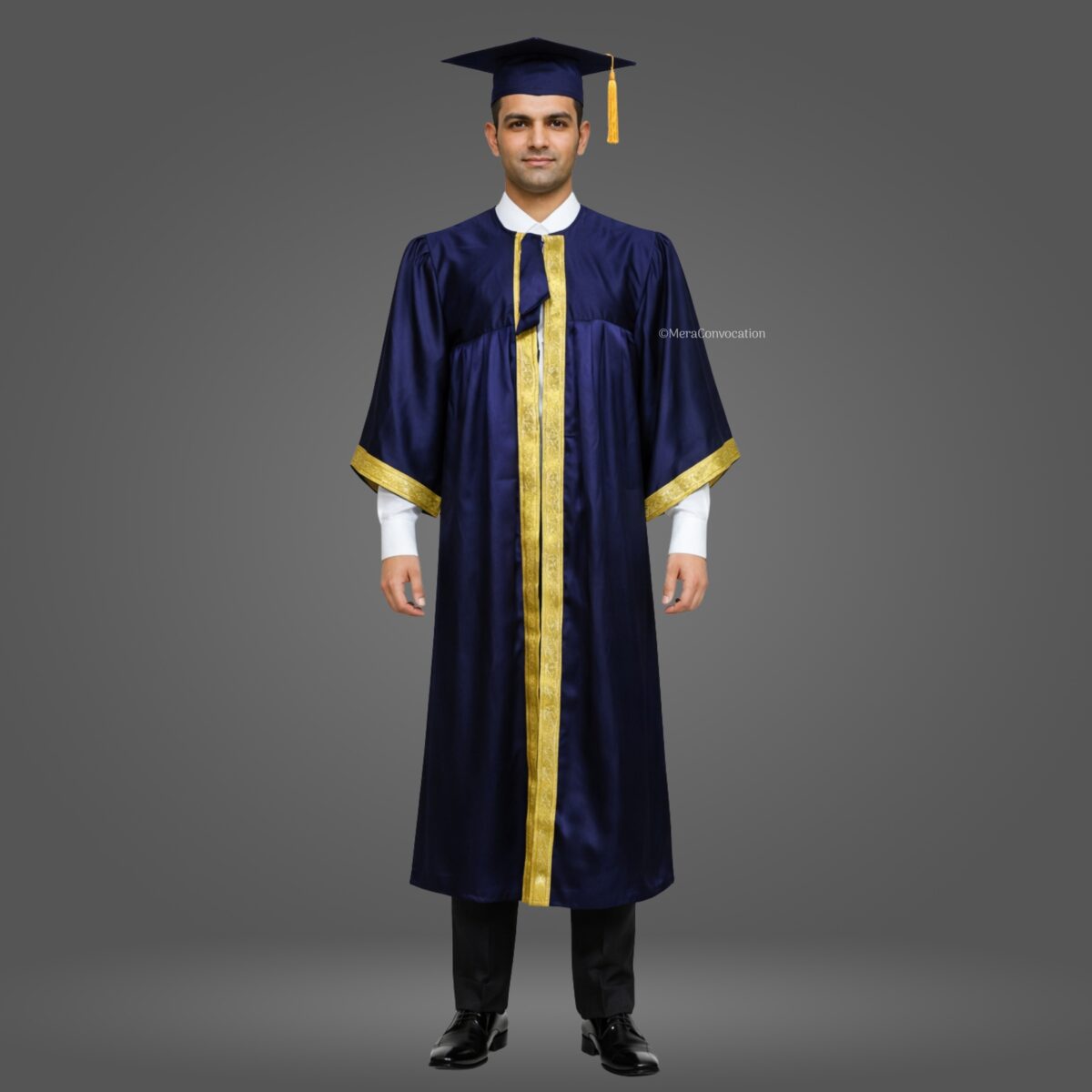 Navy Blue Shiny Graduation Gown and Cap with Golden Border – Mera ...