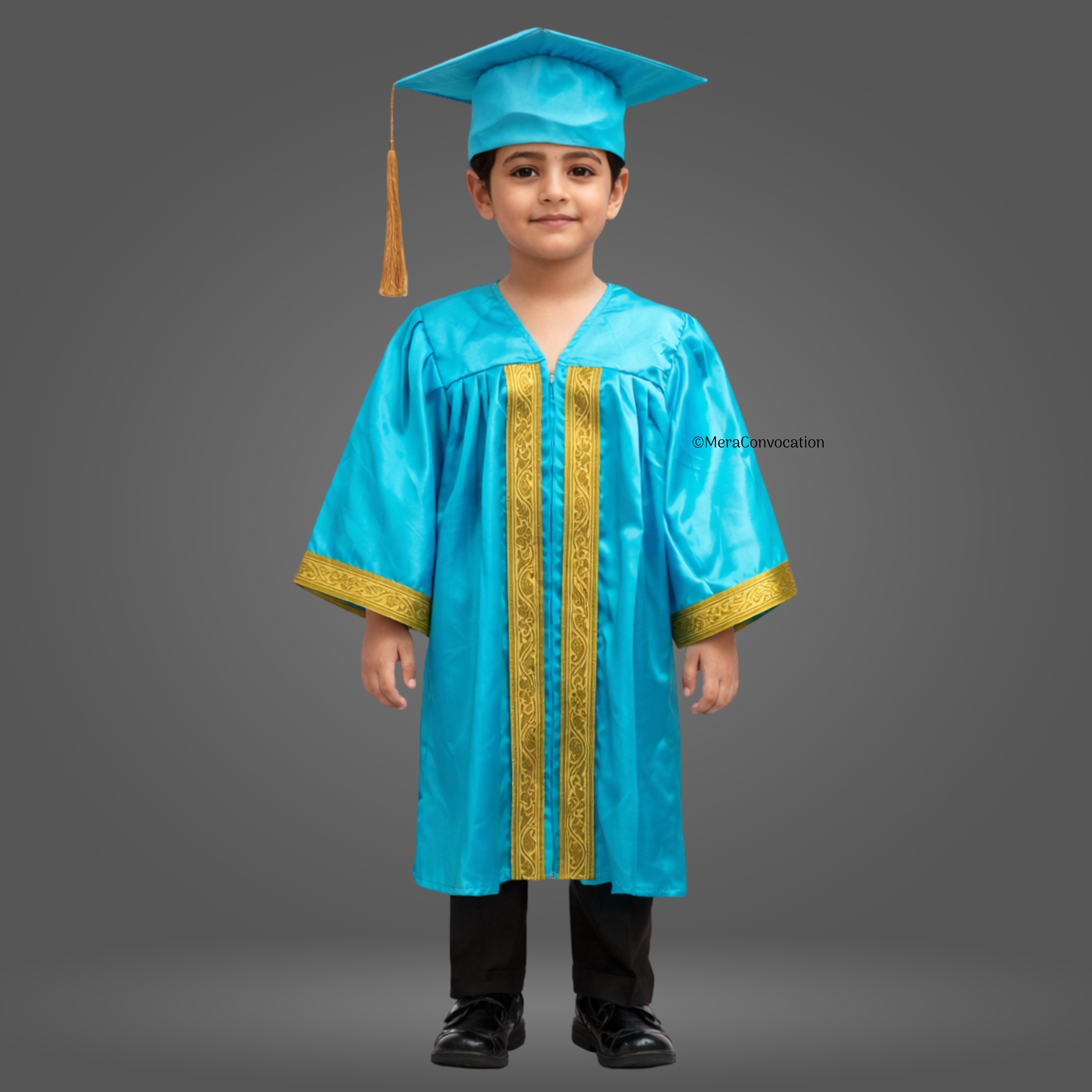 Boy - Turquoise Shiny Kids Graduation Gown with Golden Border and Cap