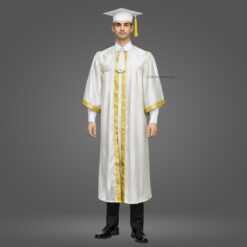 ''Boy - White Satin Graduation Gown and Cap with Golden Border''>