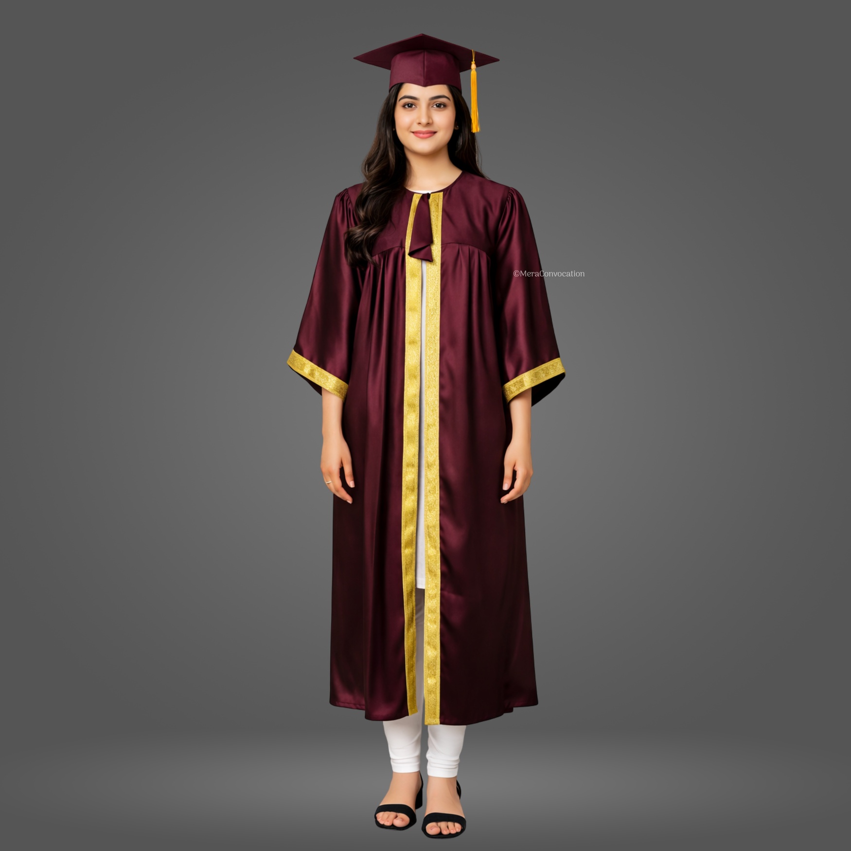 Girl - Maroon Satin Graduation Gown and Cap with Golden Border ''Girl - Maroon Satin Graduation Gown and Cap with Golden Border''>