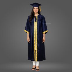 ''Girl - Navy Blue Satin Graduation Gown and Cap with Golden Border''>