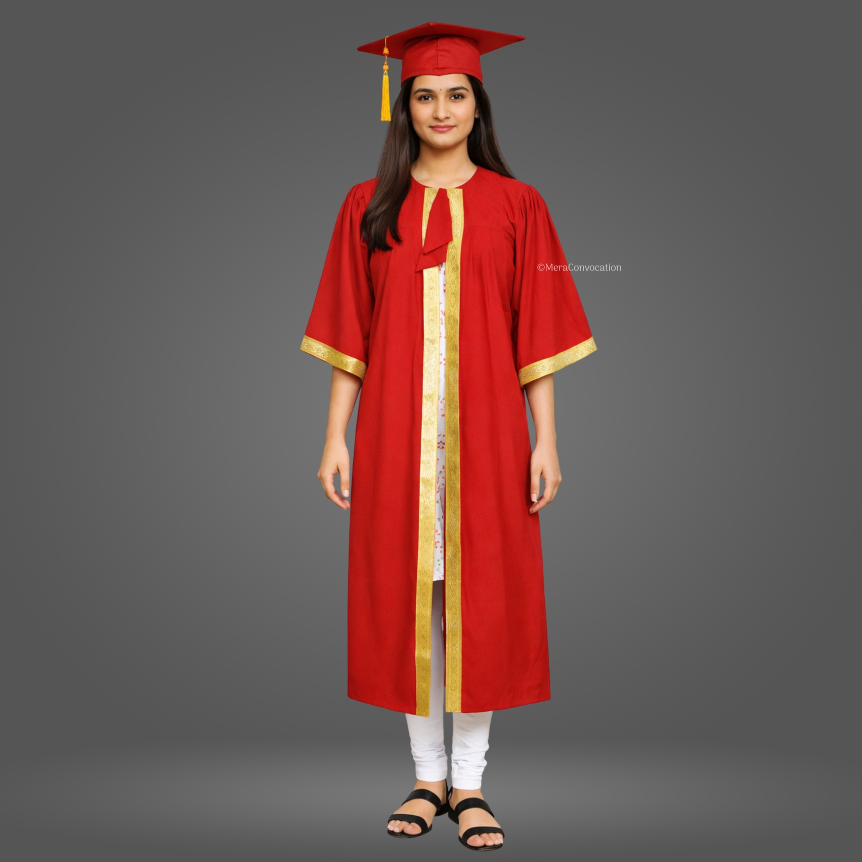 Girl - Red Matte Graduation Gown and Cap with Golden Border ''Girl - Red Matte Graduation Gown and Cap with Golden Border''>
