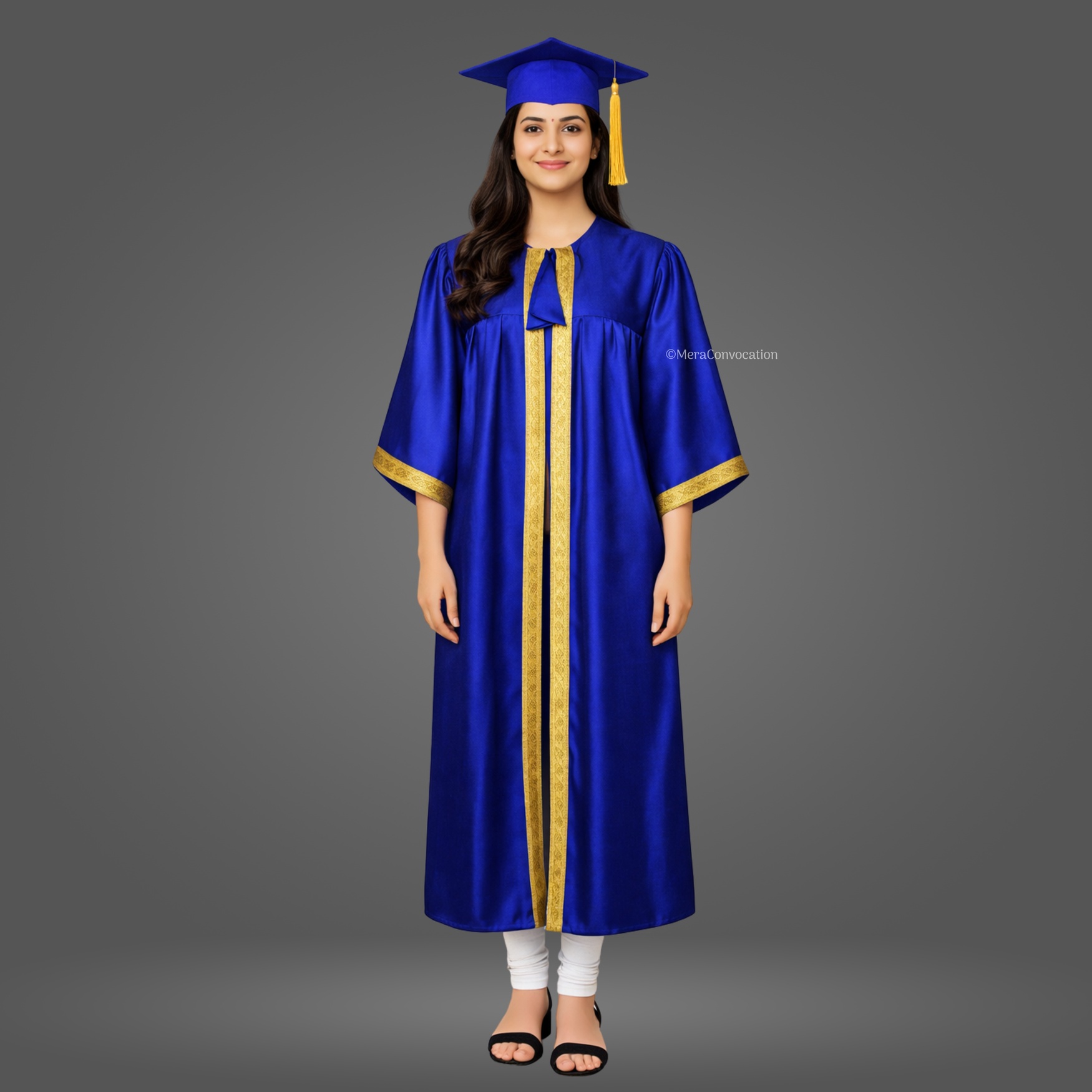 Girl - Royal Blue Satin Graduation Gown and Cap with Golden Border ''Girl - Royal Blue Satin Graduation Gown and Cap with Golden Border''>
