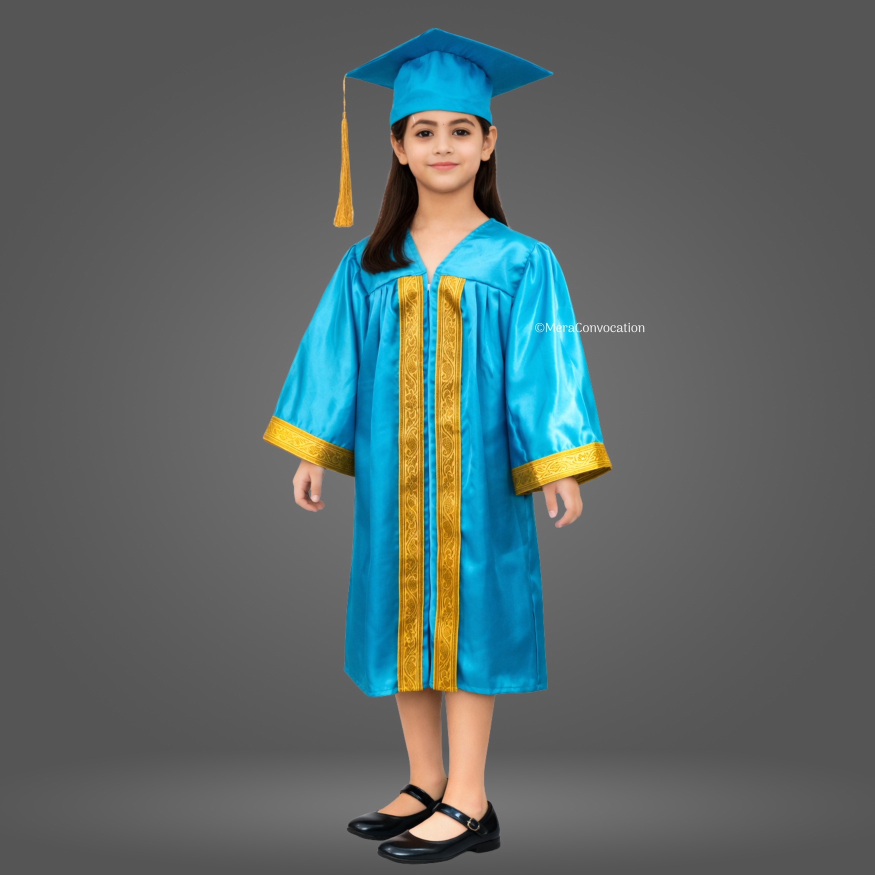 Girl - Turquoise Shiny Kids Graduation Gown with Golden Border and Cap ''Girl - Turquoise Shiny Kids Graduation Gown with Golden Border and Cap''>