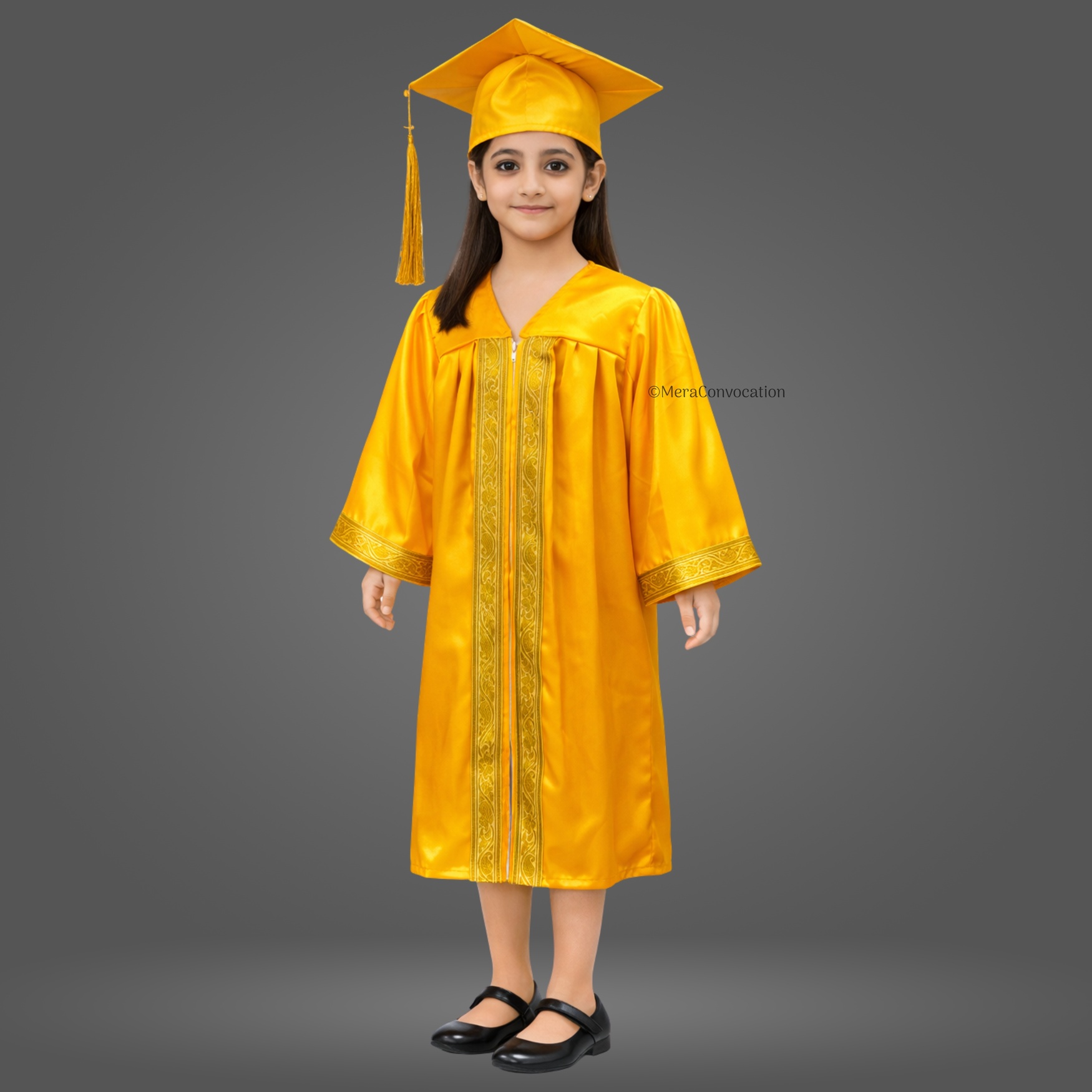Girl - Yellow Shiny Kids Graduation Gown with Golden Border and Cap