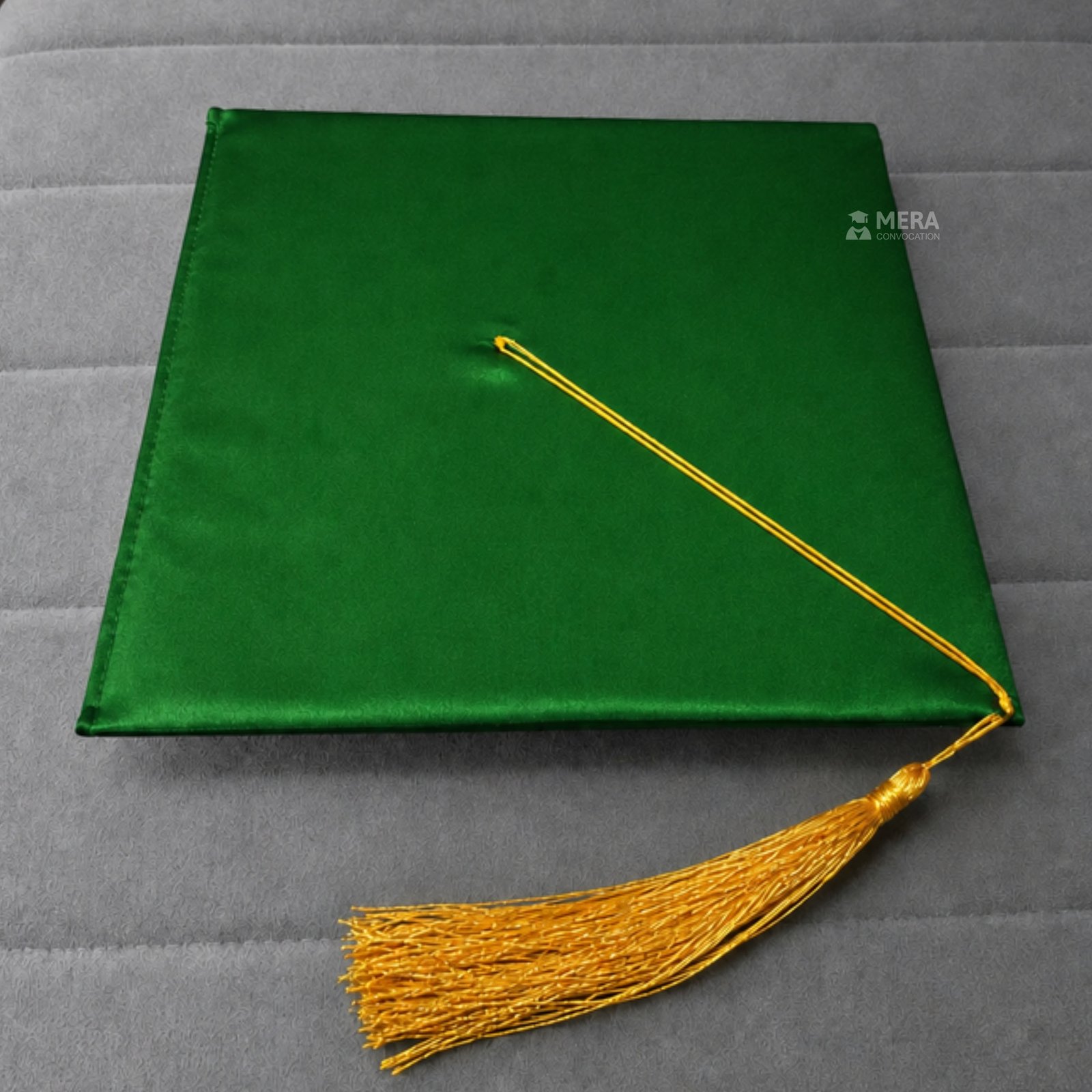 Green Satin Graduation Cap with Golden Tassel - Mera Convocation