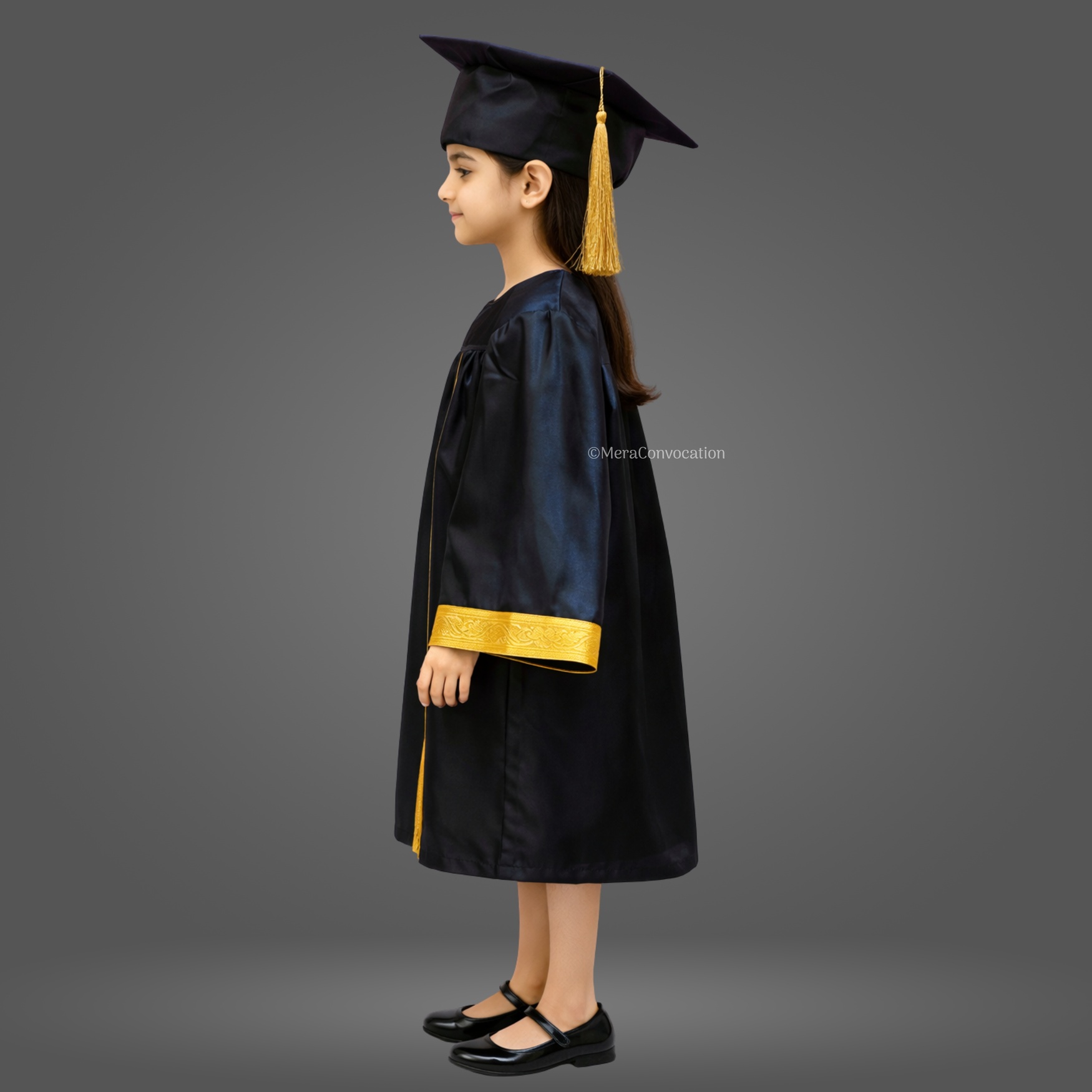 Left Sleeve of Black Shiny Kids Convocation Gown with Golden Border ''Left Sleeve of Black Shiny Kids Convocation Gown with Golden Border''>