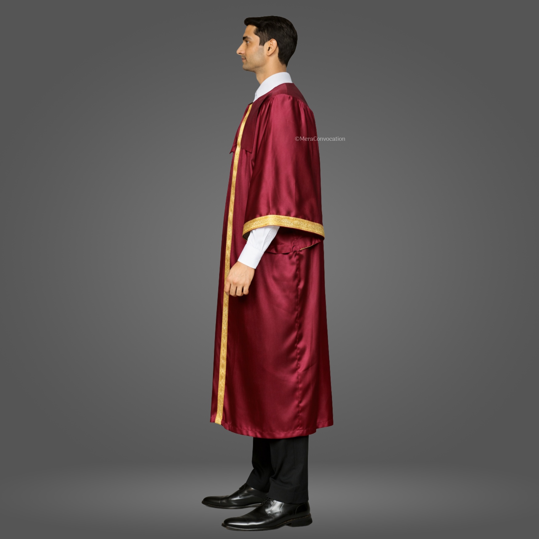 Left Sleeve of Maroon Satin Graduation Gown with Golden Border