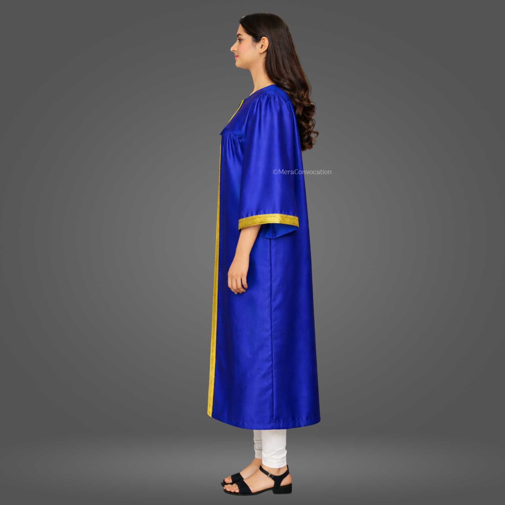 Left Sleeve of Royal Blue Shiny Graduation Gown with Golden Border