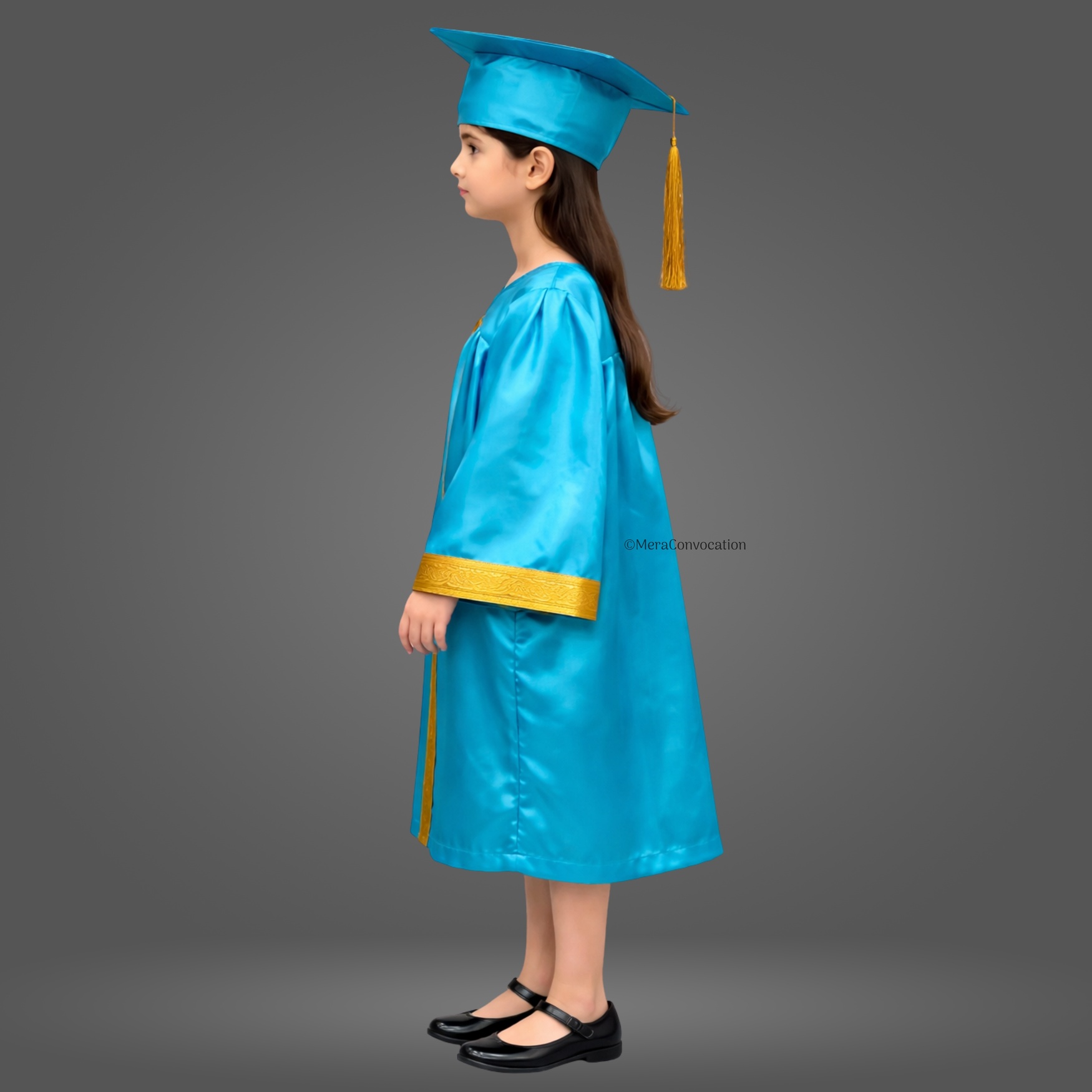 Left Sleeve of Turquoise Shiny Kids Convocation Gown with Golden Border ''Left Sleeve of Turquoise Shiny Kids Convocation Gown with Golden Border''>