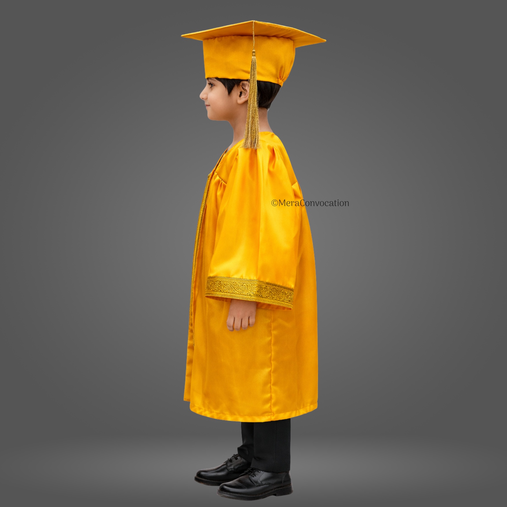 Left Sleeve of Yellow Shiny Kids Graduation Gown with Golden Border