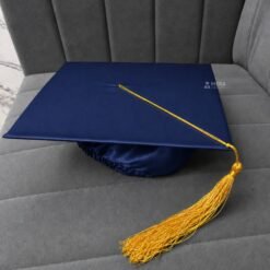 ''Navy Blue Shiny Graduation Cap with Golden Tassel''>