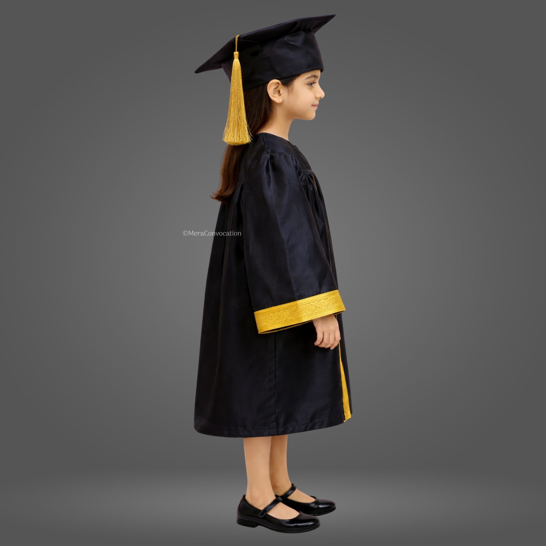Right Sleeve of Black Shiny Kids Convocation Gown with Golden Border