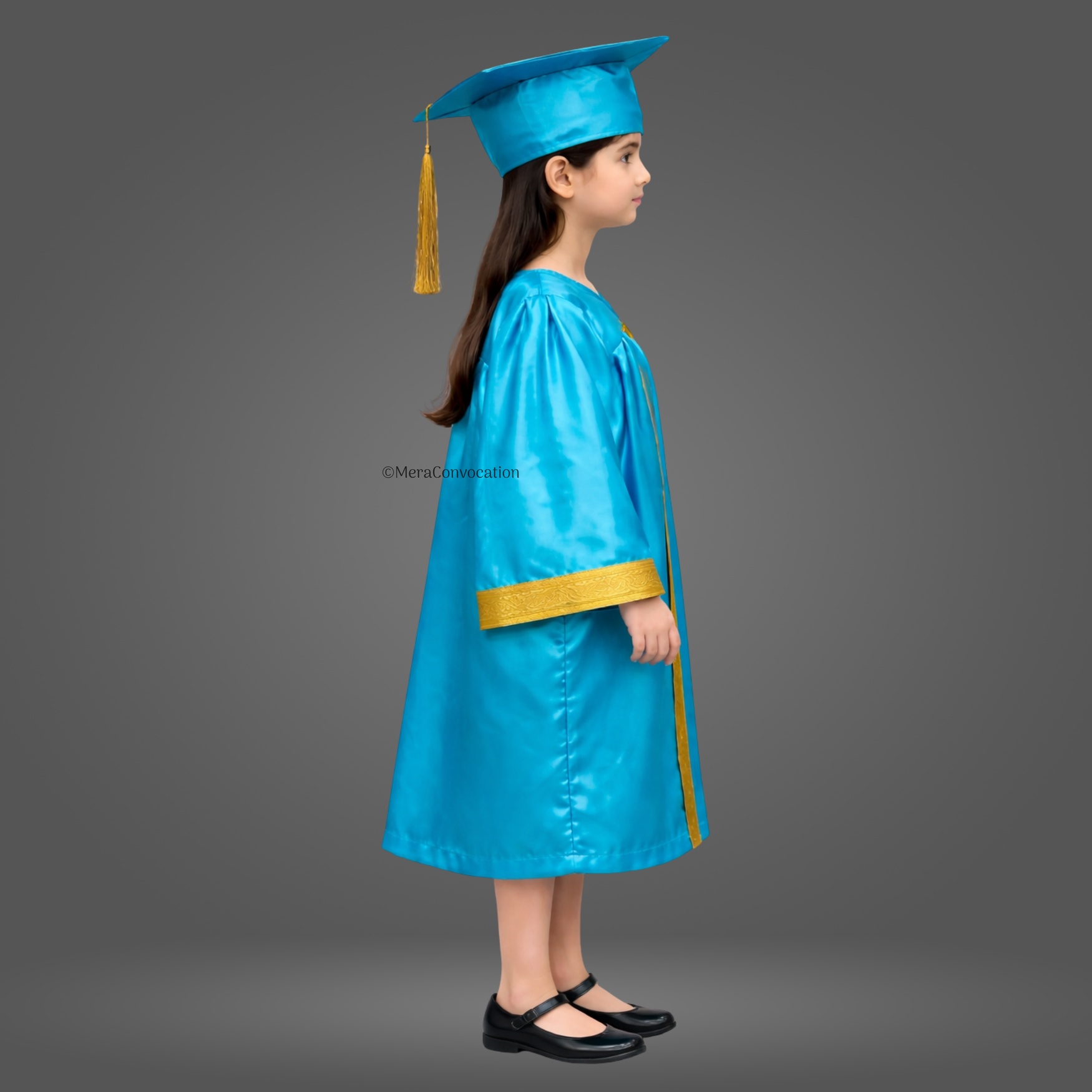 Right Sleeve of Turquoise Shiny Kids Convocation Gown with Golden Border ''Right Sleeve of Turquoise Shiny Kids Convocation Gown with Golden Border''>