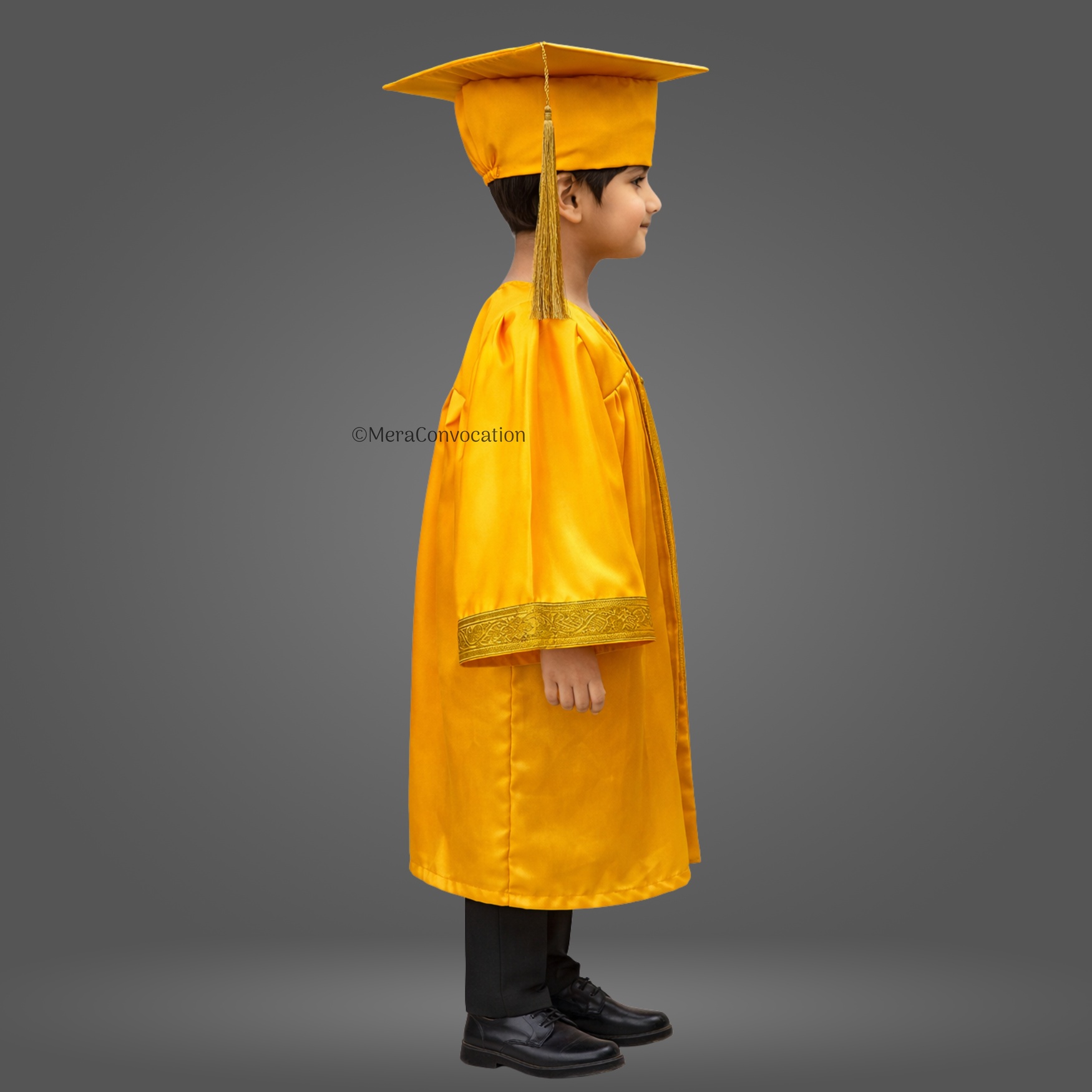 Right Sleeve of Yellow Shiny Kids Graduation Gown with Golden Border ''Right Sleeve of Yellow Shiny Kids Graduation Gown with Golden Border''>