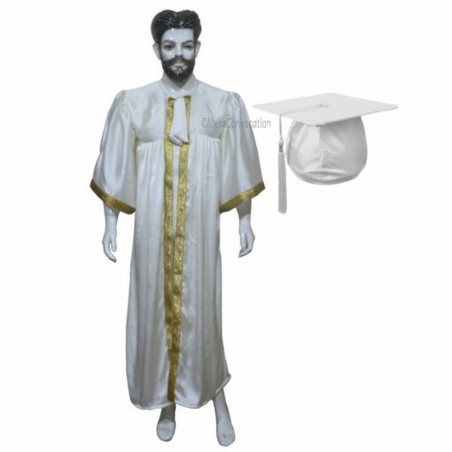 ''White Shiny Graduation Gown with Golden Border''>