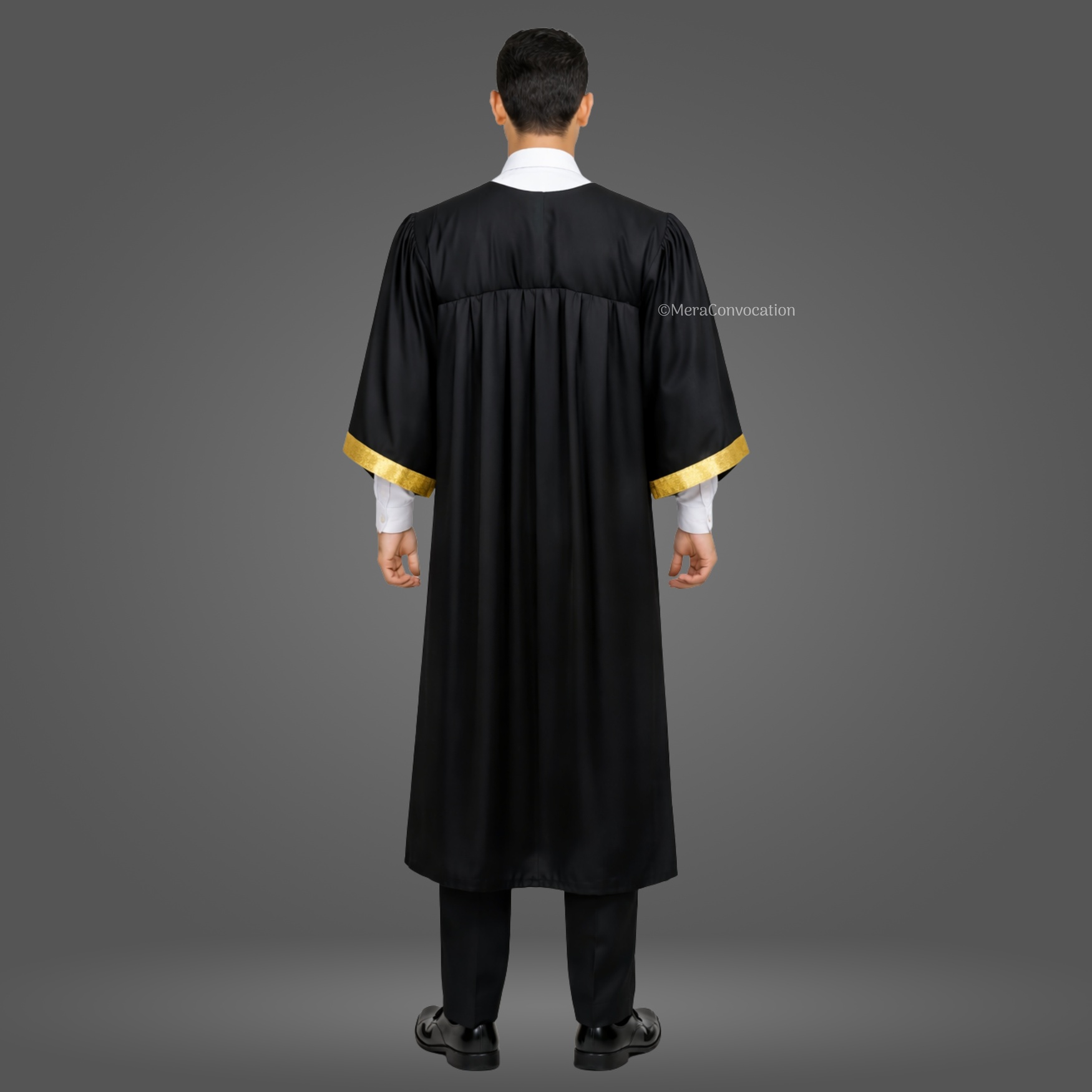 Back View of Black Shiny Graduation Gown with Golden Border ''Back View of Black Shiny Graduation Gown with Golden Border''>