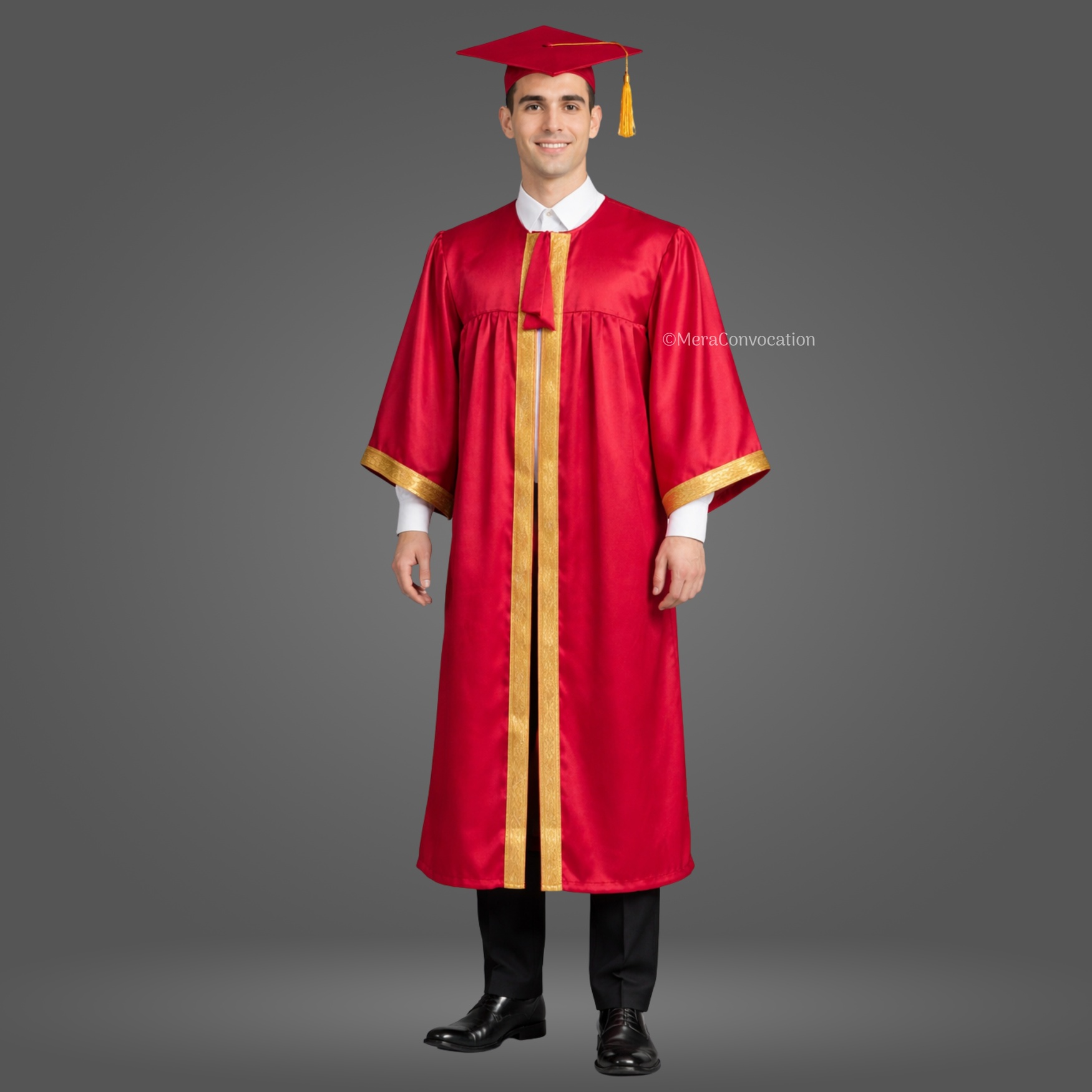 Boy - Magenta Satin Graduation Gown and Cap with Golden Border ''Boy - Magenta Satin Graduation Gown and Cap with Golden Border''>