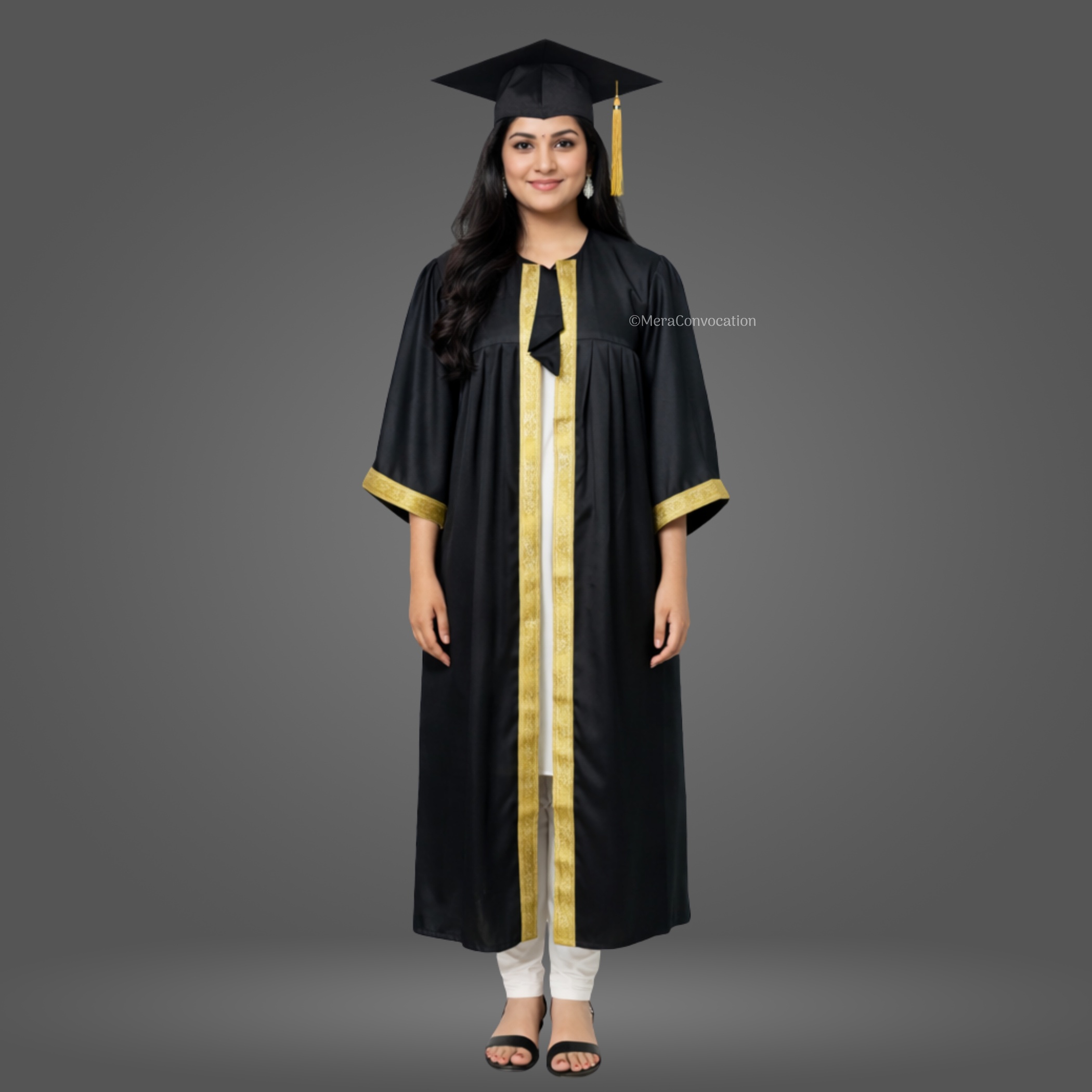 Girl - Black Satin Graduation Gown and Cap with Golden Border