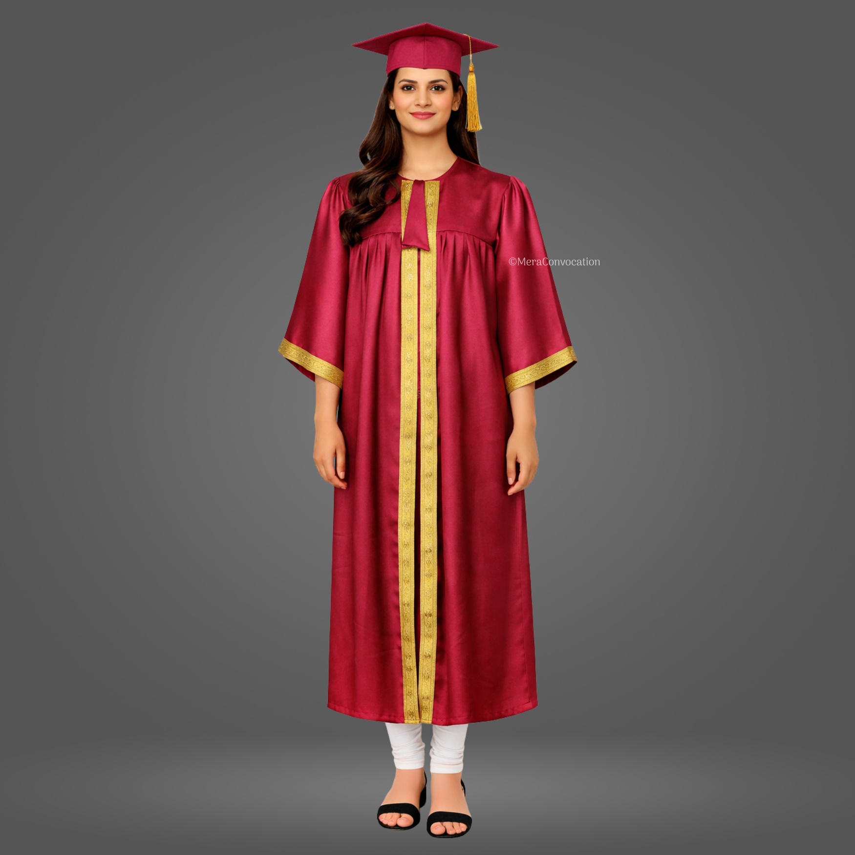 Girl - Magenta Satin Graduation Gown and Cap with Golden Border