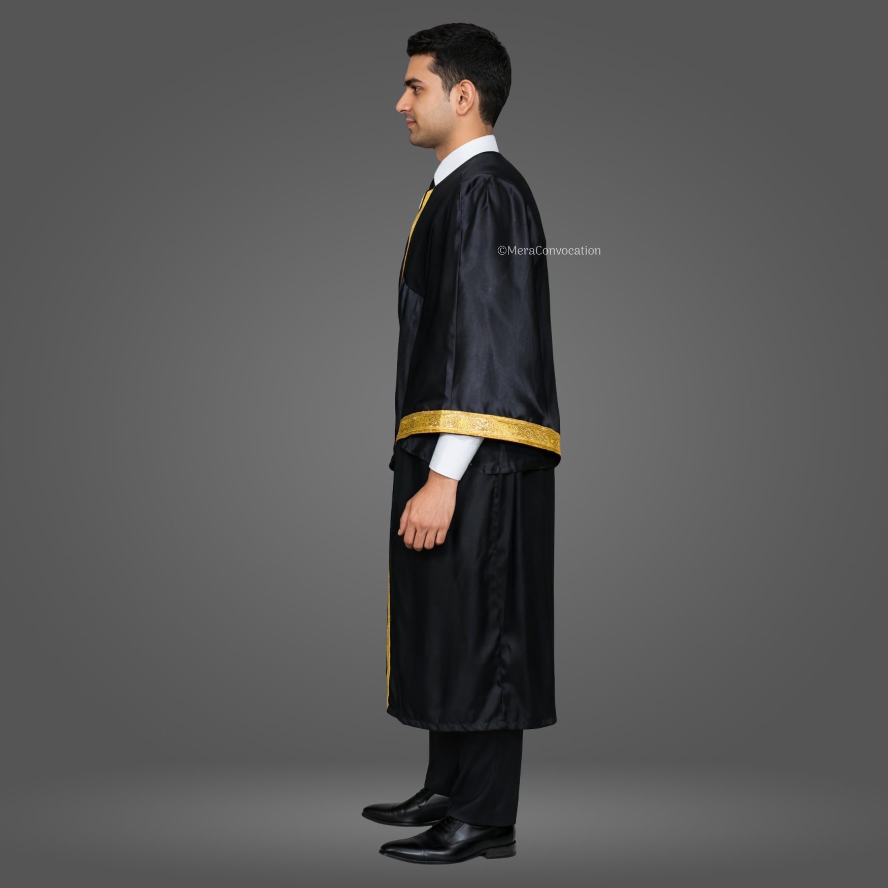 Left Sleeve of Black Satin Graduation Gown with Golden Border