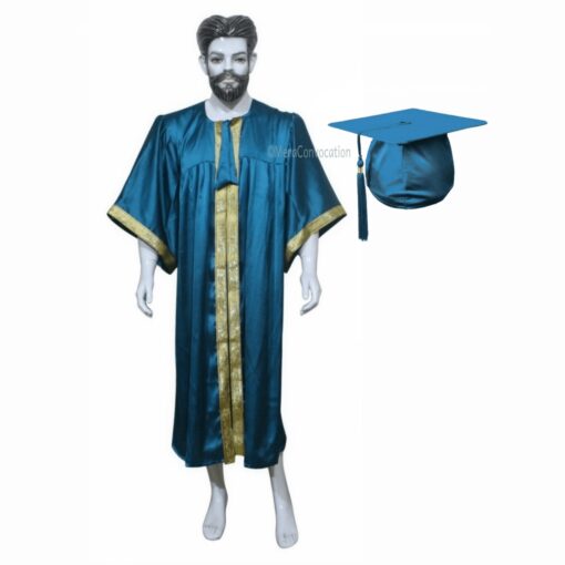 ''Peacock Green Shiny Graduation Gown with Golden Border''>