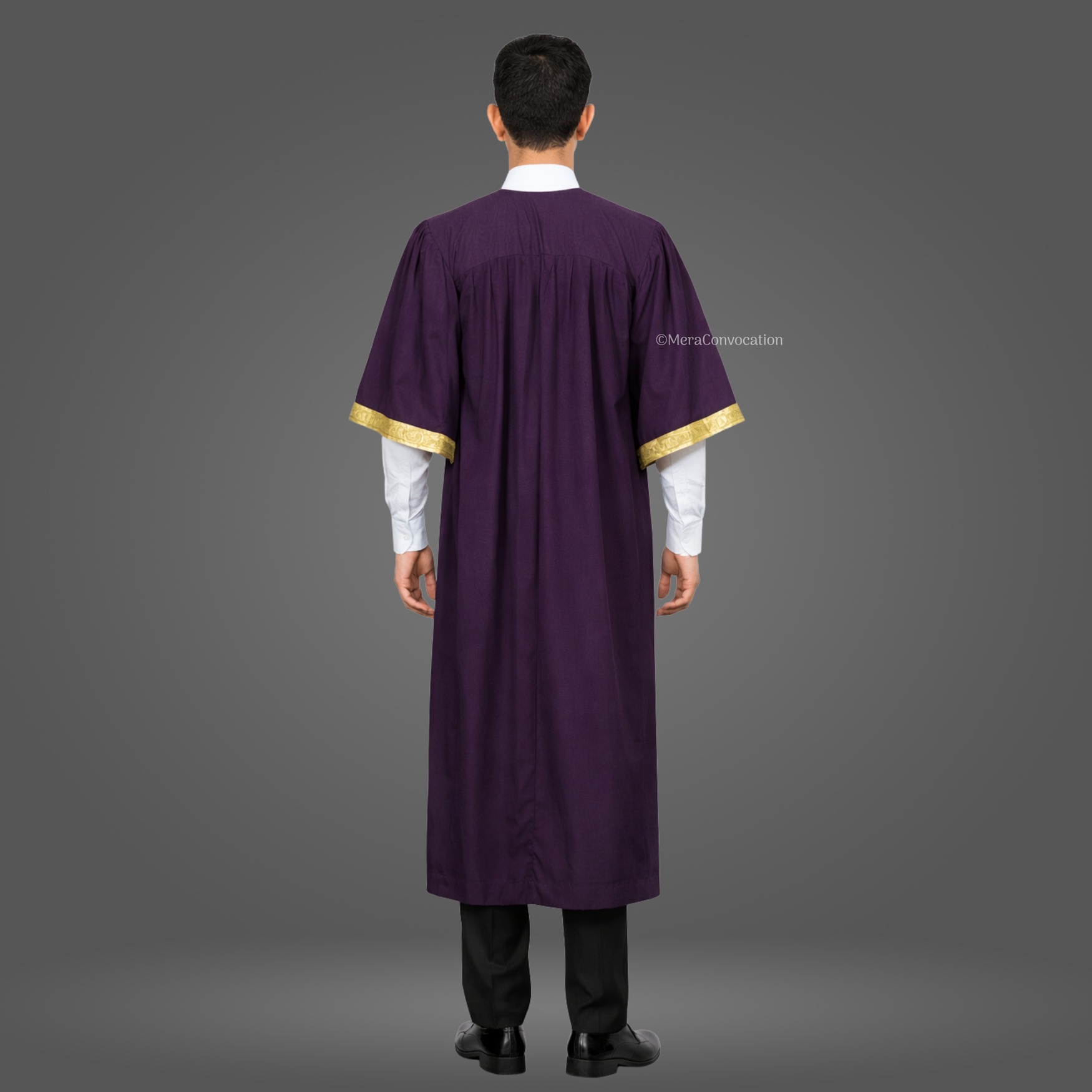 Back View of Magenta Matte Graduation Gown with Golden Border