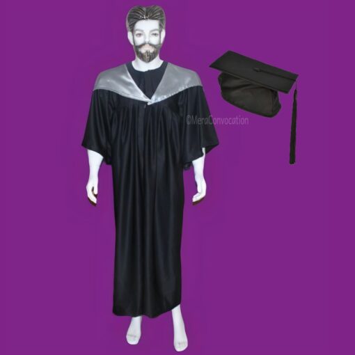 ''Black Graduation Gown and Cap with Silver Scarf''>