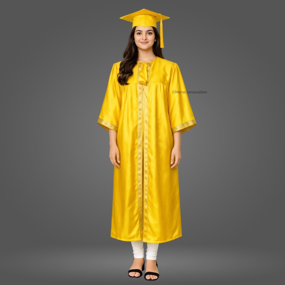Yellow Shiny Graduation Gown and Cap with Golden Border – Mera Convocation