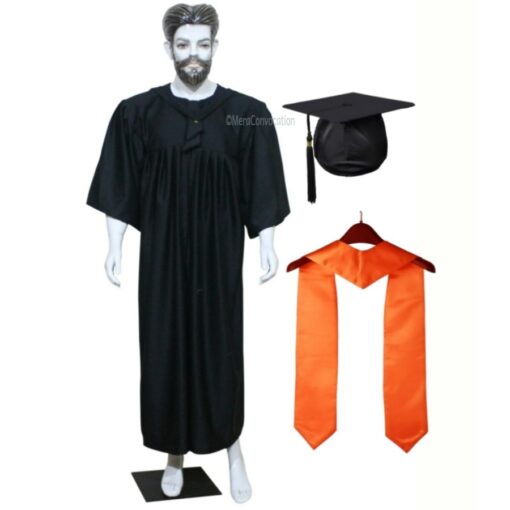 ''Black Matte Graduation Gown with Orange Sash''>