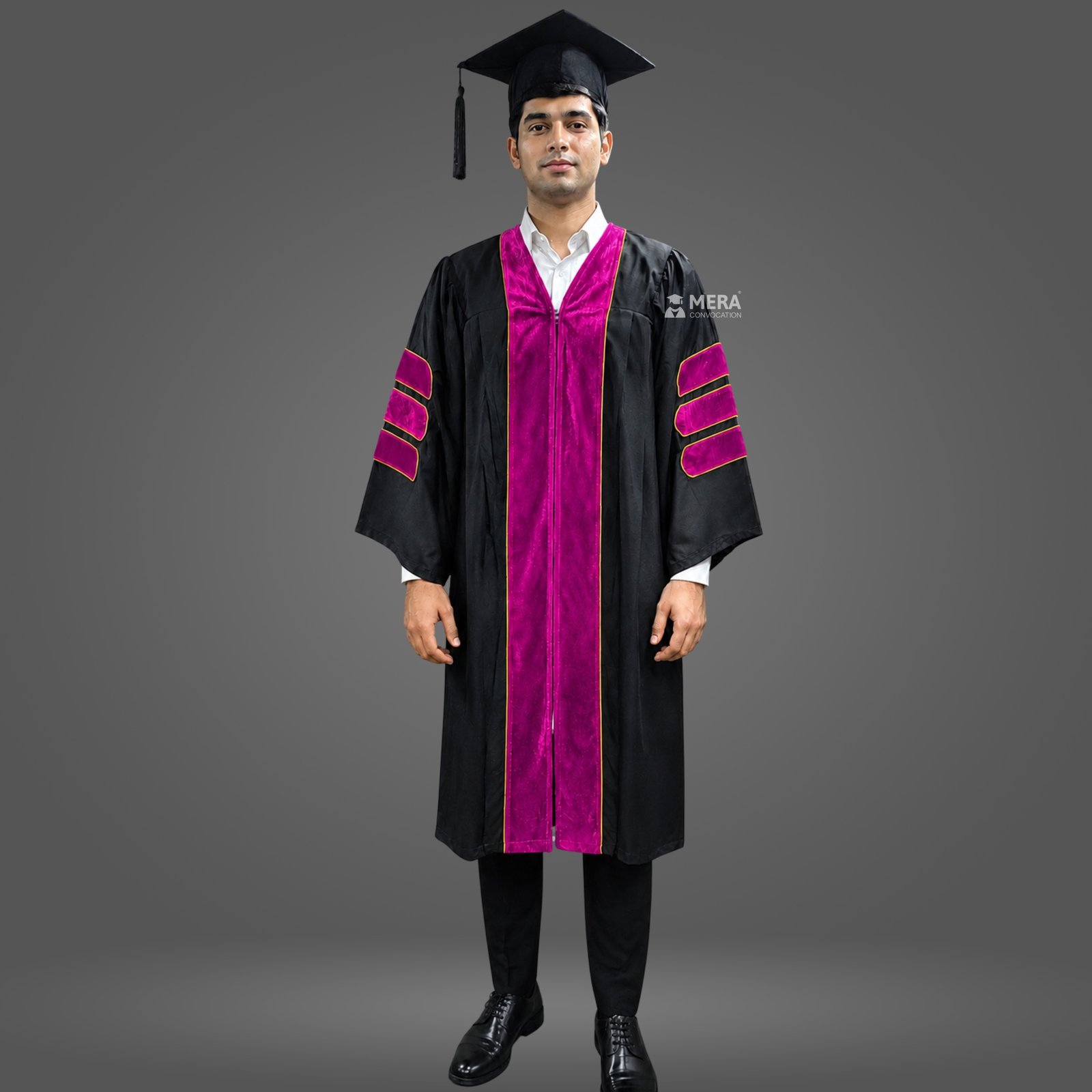 Black Doctoral Graduation Gown with Magenta Velvet Border Black Doctoral Graduation Gown with Magenta Velvet Border