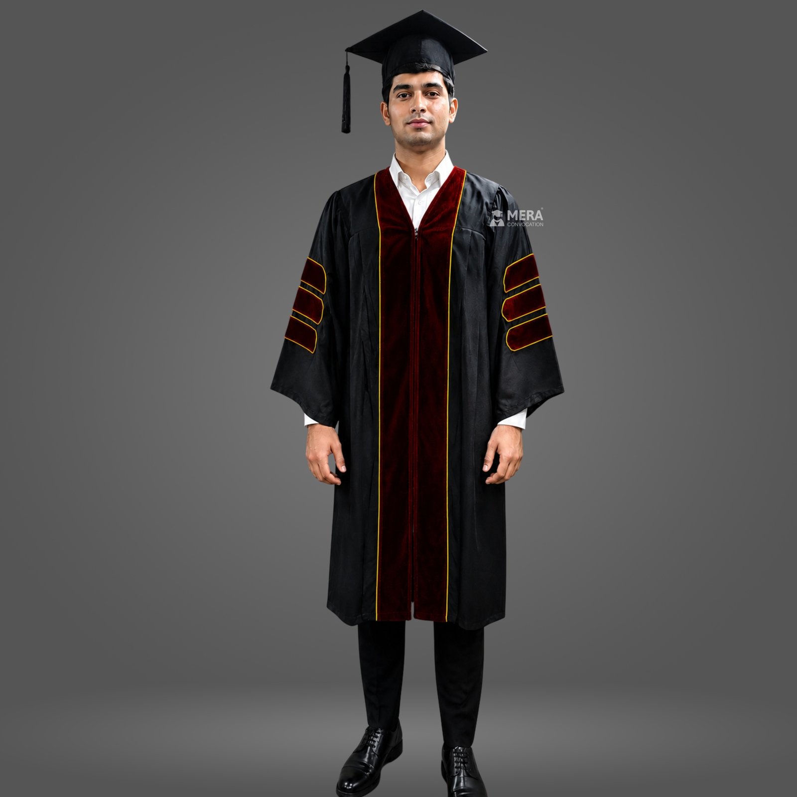 Black Doctoral Graduation Gown with Maroon Velvet Border Black Doctoral Graduation Gown with Maroon Velvet Border