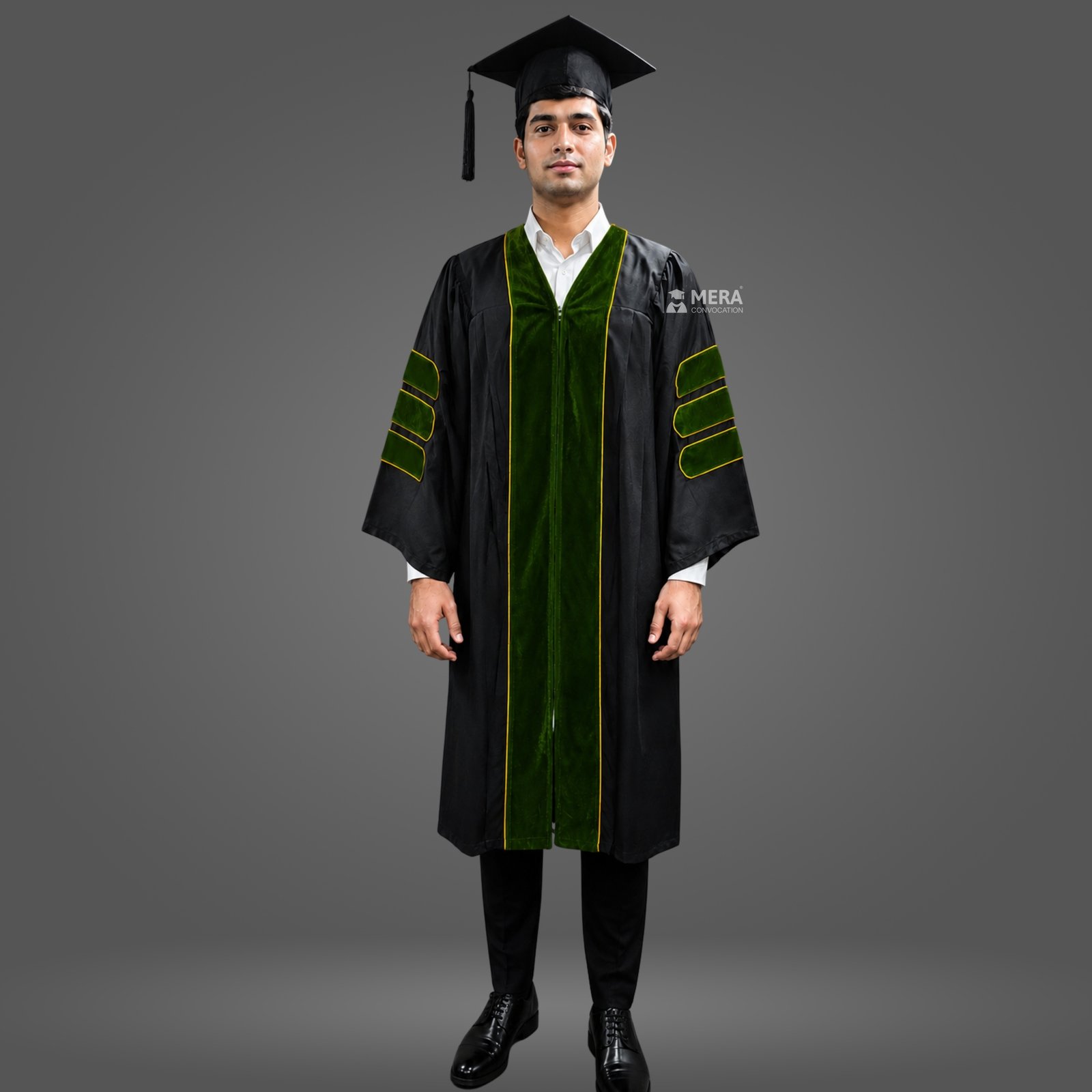 Black Doctoral Graduation Gown with Olive Green Velvet Border