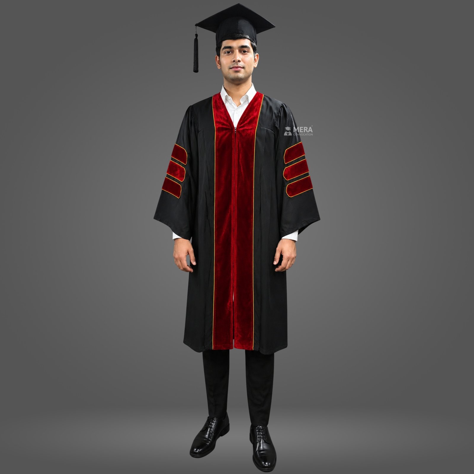 Black Doctoral Graduation Gown with Red Velvet Border Black Doctoral Graduation Gown with Red Velvet Border